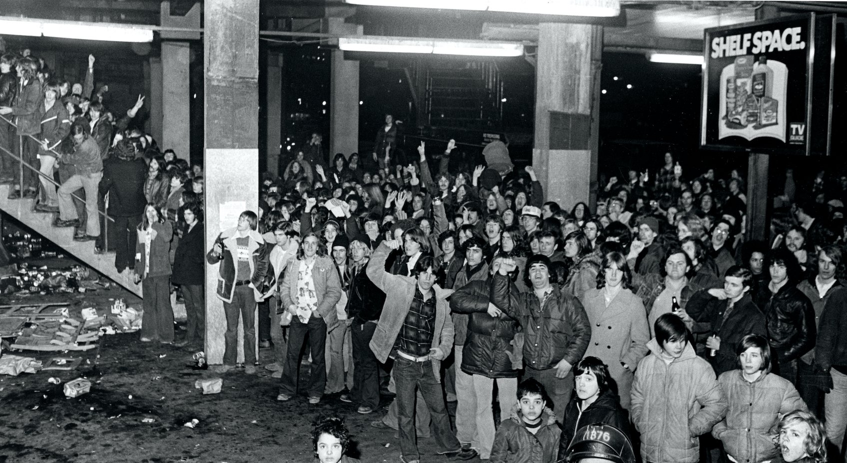 A crowd waits to purchase Led Zeppelin tickets for a performance at the Boston Garden