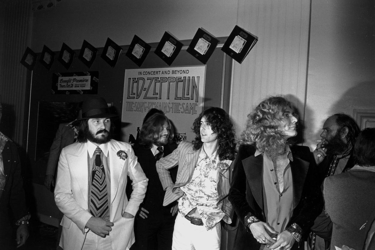 John Bonham, John Paul Jones, Jimmy Page, and Robert Plant, who recorded 'Presence' in 18 days, attend the premiere of the concert film 'The Song Remains the Same.'
