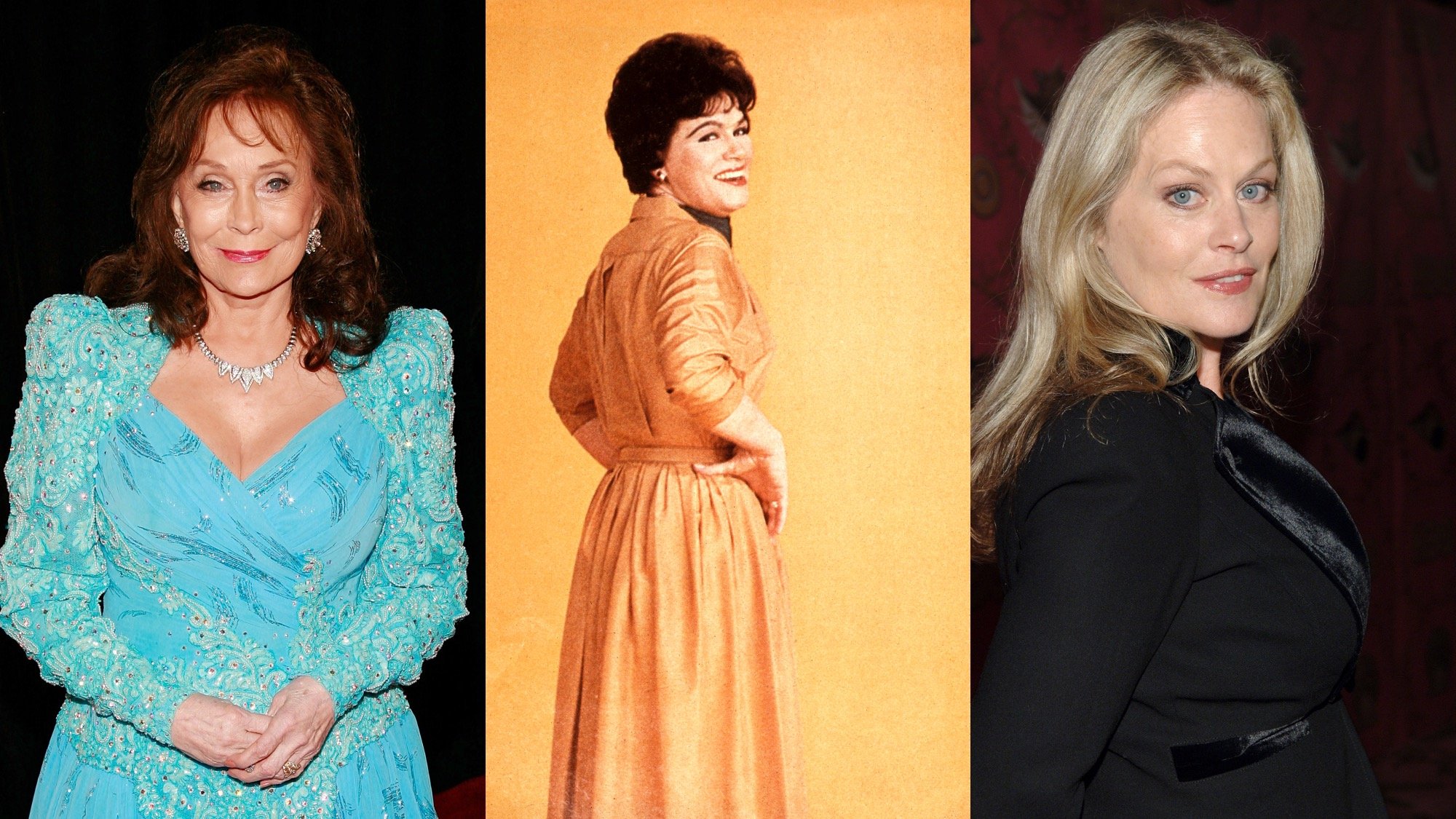 (L) Loretta Lynn arrives at the 39th Annual Songwriters Hall of Fame Induction Ceremony on June 19, 2008. (C) Patsy Cline poses for a portrait c. 1960. (R) Beverly D'Angelo during the 58th Annual Primetime Emmy Awards in 2006. D'Angelo played Cline in the movie about Loretta Lynn's life, 'Coal Miner's Daughter.'