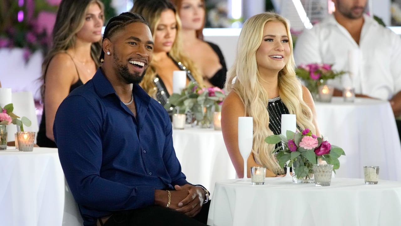 Jesse Bray, Bella Barbero, Nadjha Day, Chanse Corbi, Deb Chubb, Joel Bierwert sitting down at the 'Love Island USA' Season 4 reunion