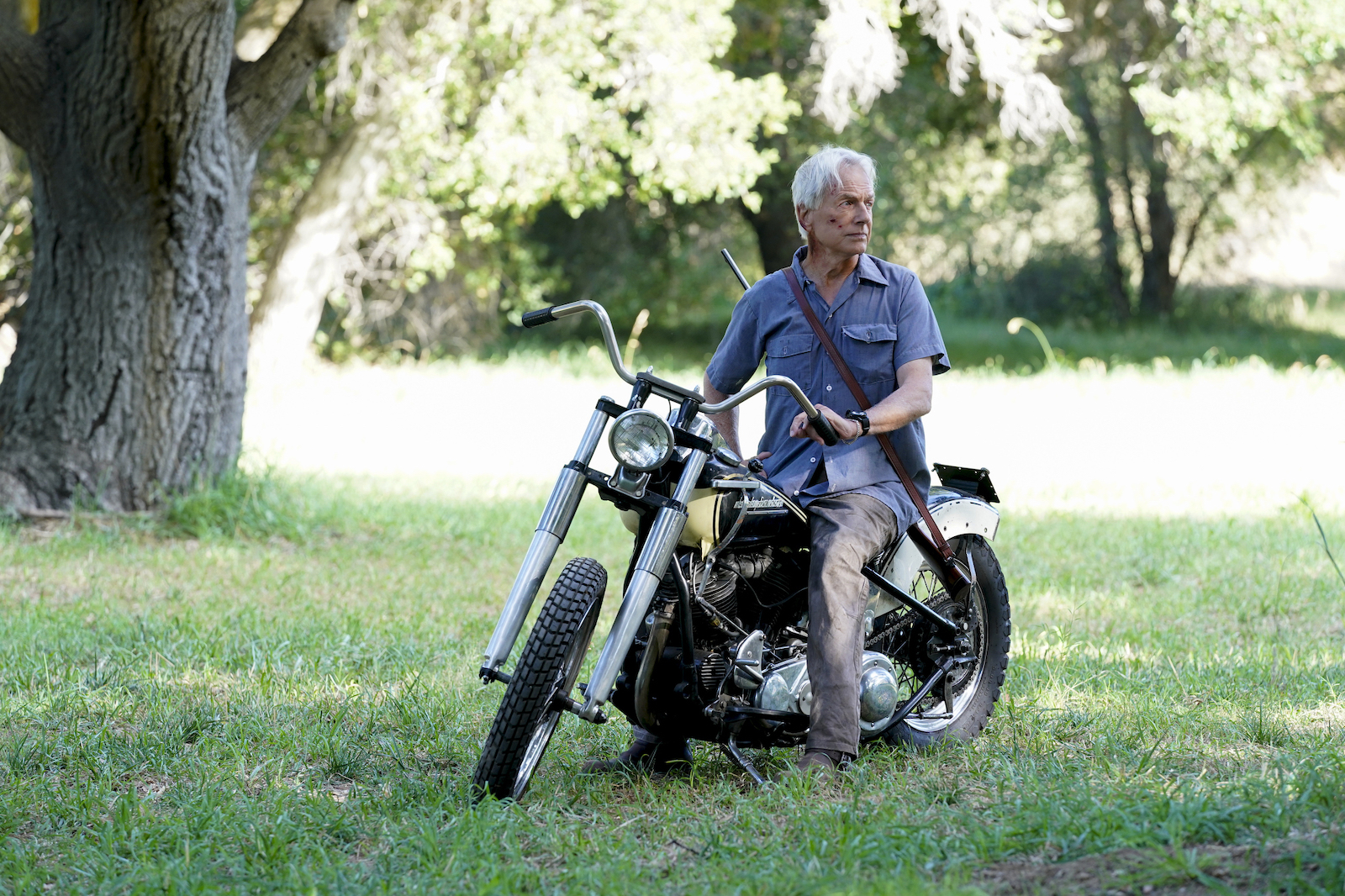 Mark Harmon in 'NCIS' riding a motorcycle