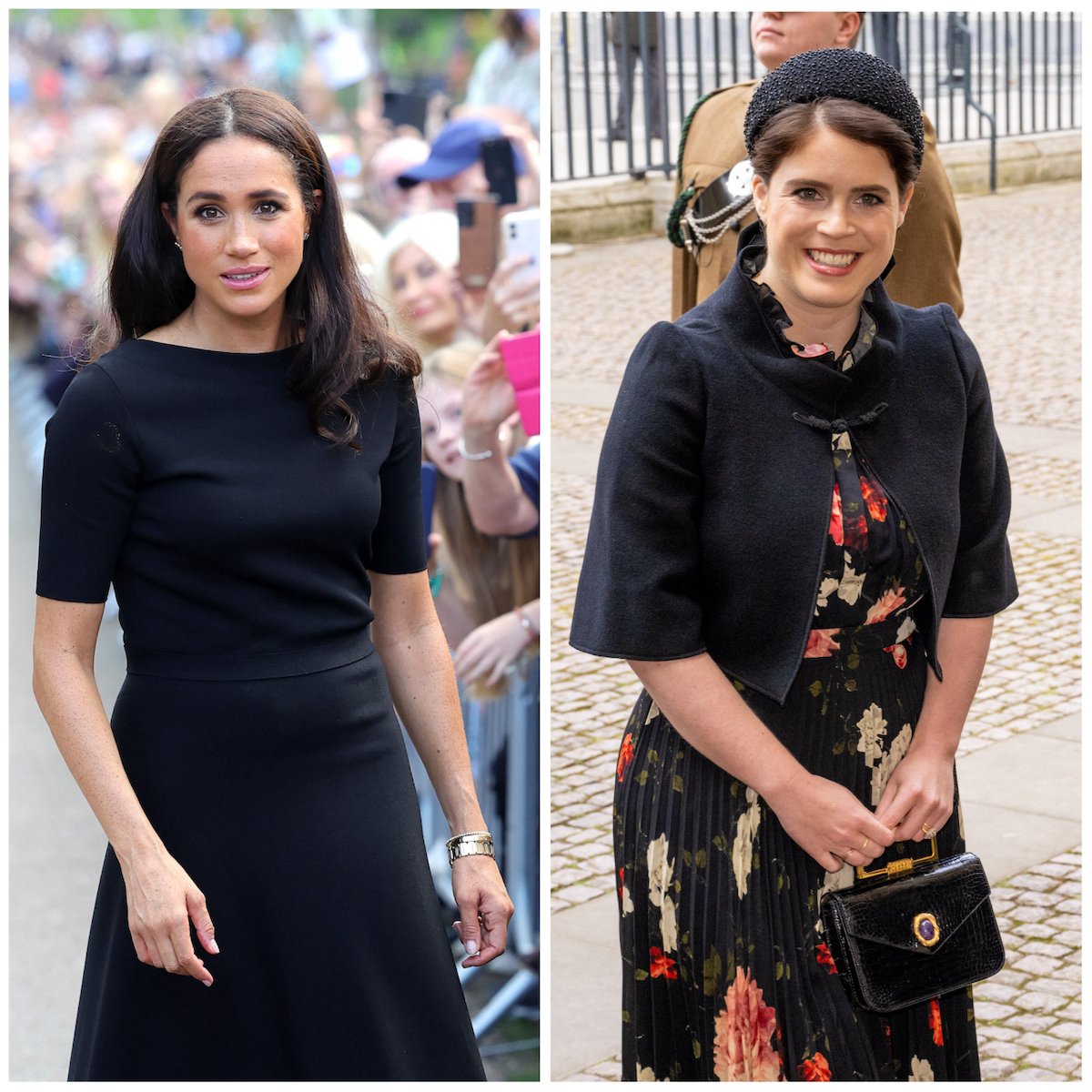 Meghan Markle, whose friendship Meghan Markle, who an expert says has found the 'ideal' friend in Princess Eugenie, greets crowds outside Windsor Castle in September 2022; Princess Eugenie, who is an 'ideal' friend for Meghan Markle because she doesn't like 'special attention' according to an expert, walks outside Westminster Abbey in June 2022