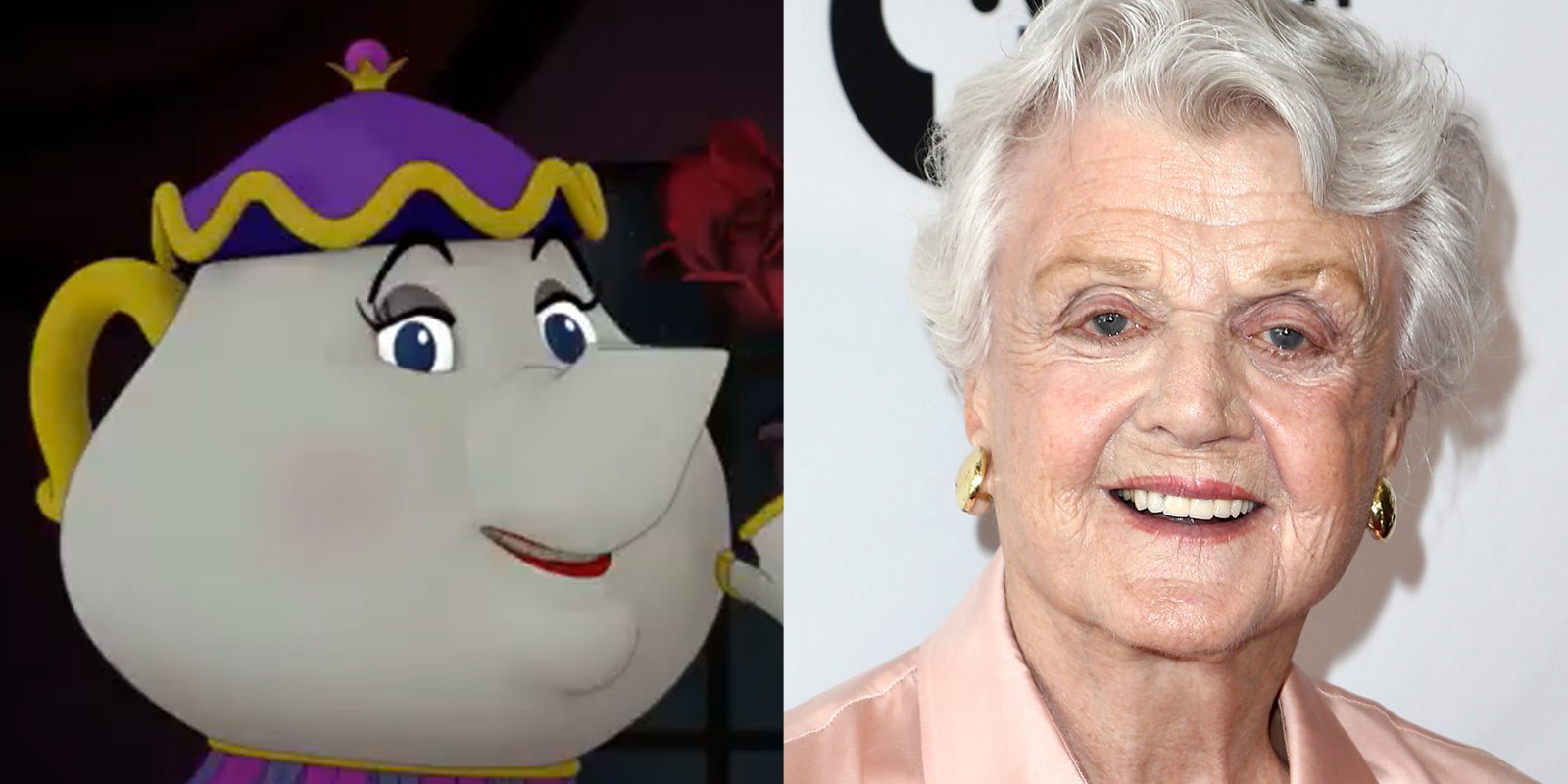 'Beauty and the Beast' characer Mrs. Potts and her portrayer Angela Lansbury in side by side photos.