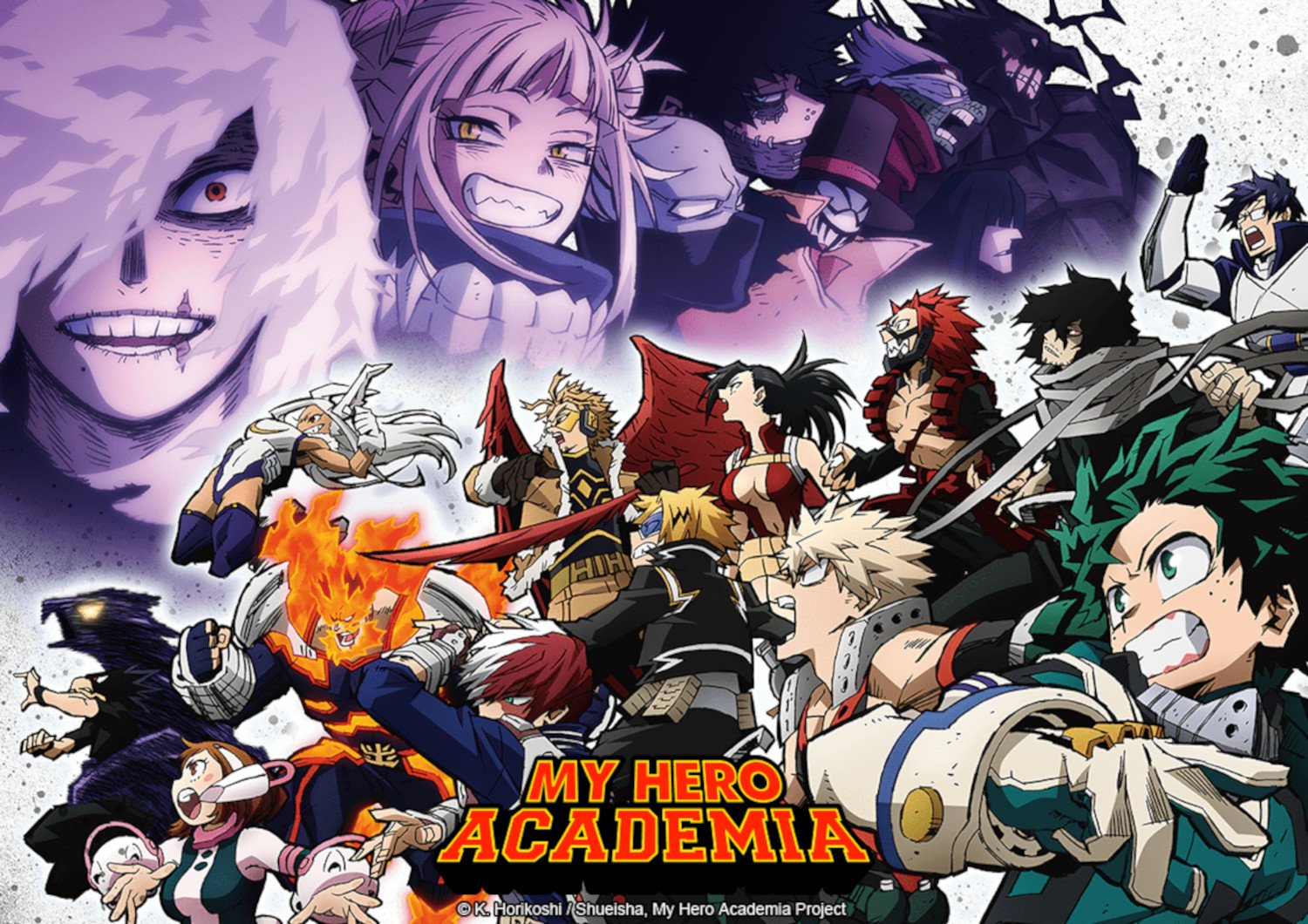 Key art for 'My Hero Academia' Season 6 for our article about how its ending theme teases a major Dabi moment from the manga. It features the Pro Heroes diving into battle on the bottom and the villains hovering above them.