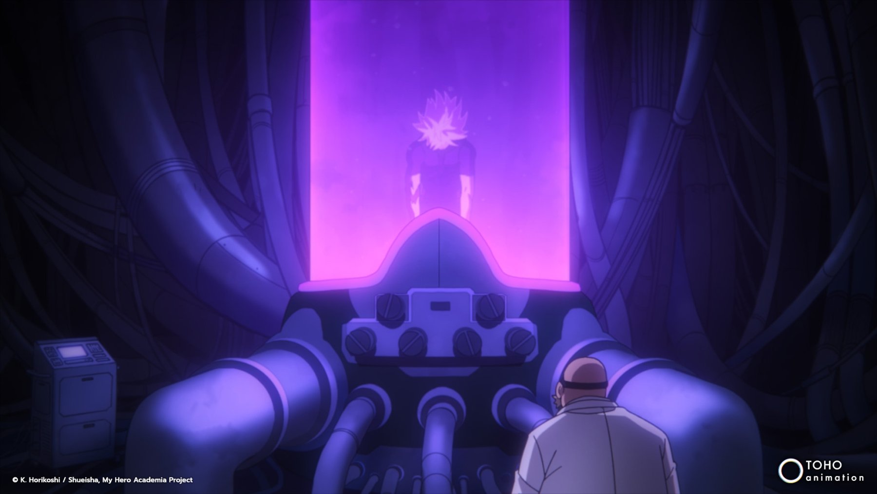 Shigaraki in 'My Hero Academia' Season 6 for our article about the ending of episode 4. He's in a purple incubator tube and Kyudai Garaki is standing in front of it.
