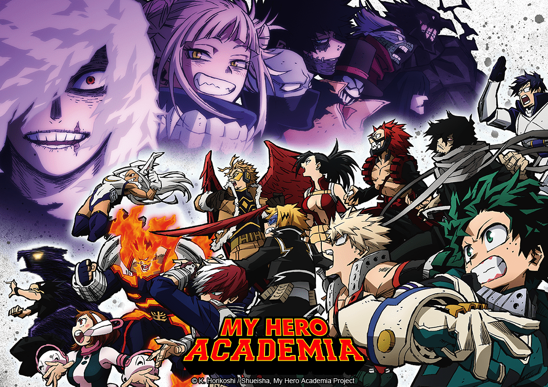 Key art for 'My Hero Academia' Season 6 for our article about its premiere. It features the Pro Heroes jumping into battle, with the villains hovering over them.