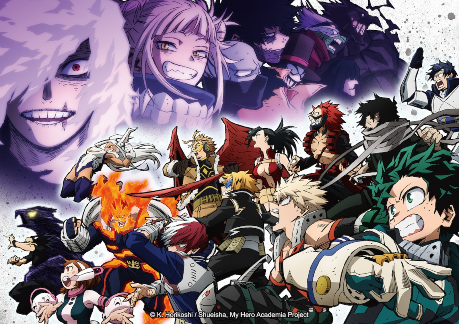 Key art for 'My Hero Academia' Season 6 for our article about who Dabi is. It shows the Pro Heroes charging into battle with the villains looming overhead.