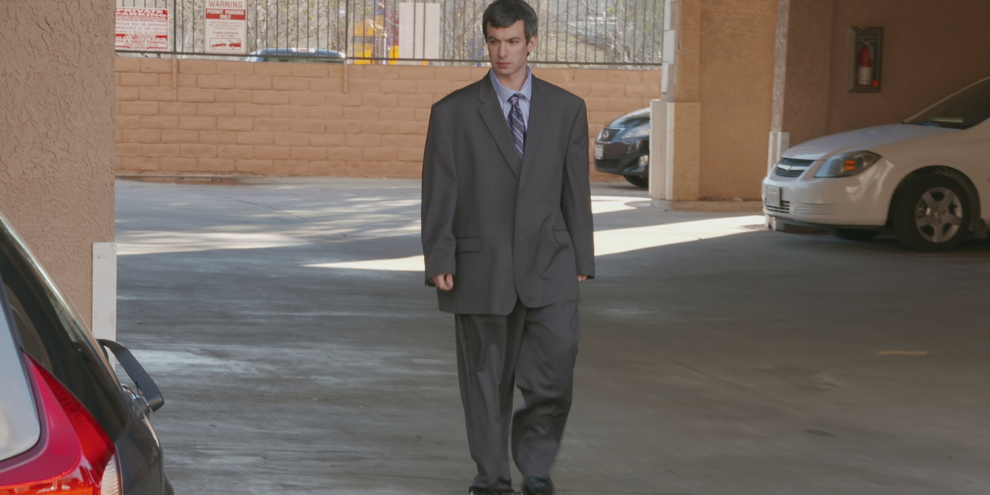 Nathan Fielder wearing an comically large suit on 'Nathan For You'.