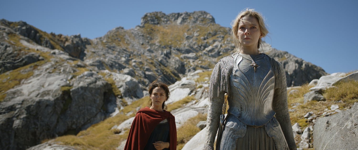 Nazanin Boniadi as Bronwyn and Morfydd Clark as Galadriel in The Rings of Power