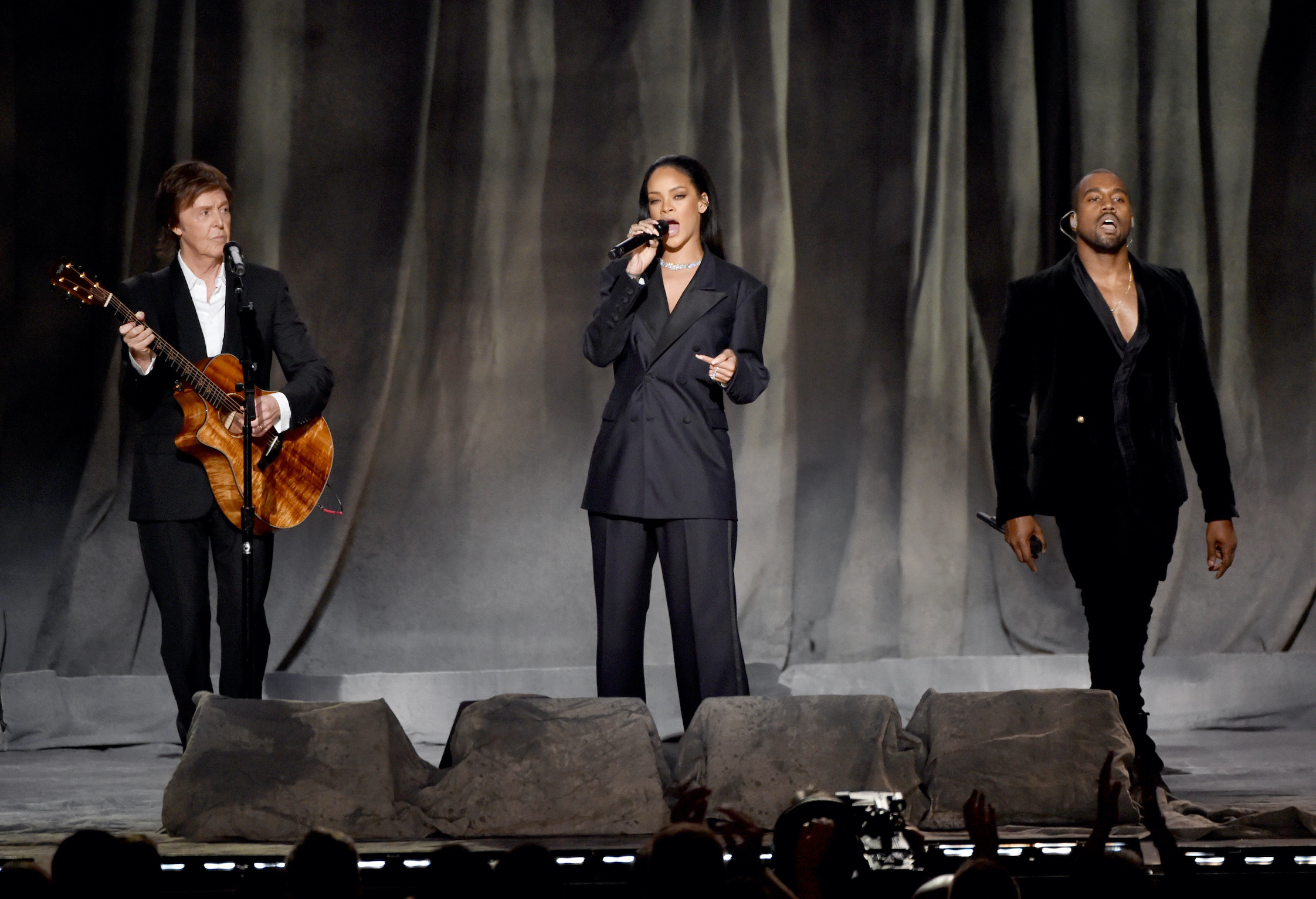 Paul McCartney, Rihanna, and Kanye West perform onstage at the 57th Annual Grammy Awards