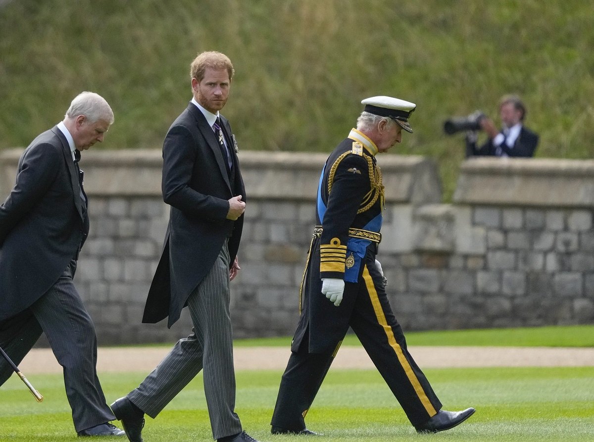 Prince Harry, Prince Andrew, and King Charles III arrive for the committal service of Queen Elizabeth II at Windsor Castle