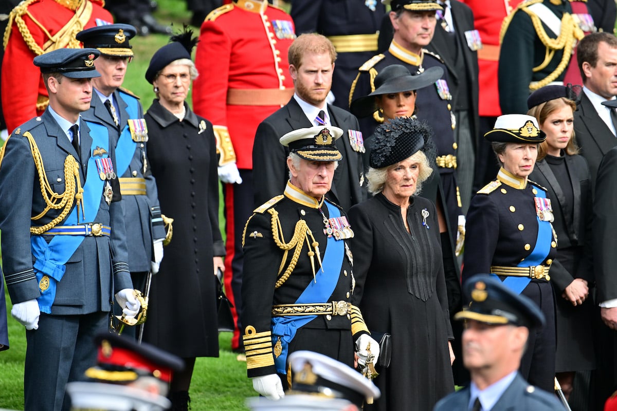 Prince William, Prince Harry, Meghan Markle, King Charles, who has the 'intention' of healing 'rift' between Prince Harry and Prince William, according to Katie Nicholl, stands with Camilla Parker Bowles, Princess Anne at Queen Elizabeth II's funeral