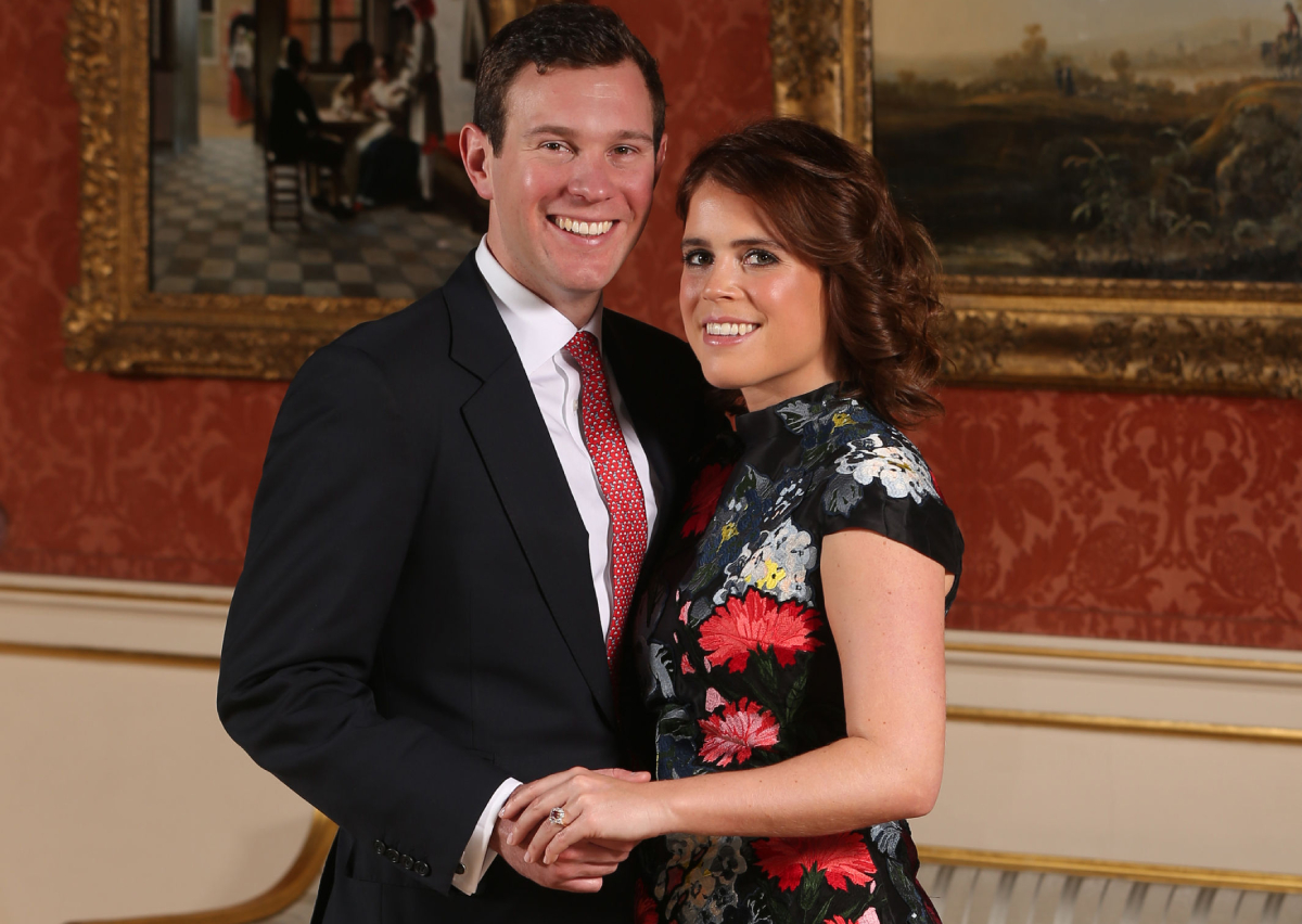 Princess Eugenie and Jack Brooksbank — showing off her ring — in the Picture Gallery at Buckingham Palace after they announced their engagement