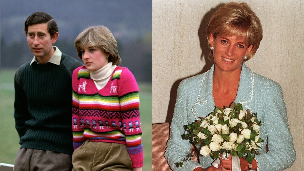 (L) King Charles, then-Prince of Wales, with Princess Diana, then-Lady Diana Spencer, during a photocall before their wedding in 1981. (R) Princess Diana is presented with the first rose to be named after her in 1997.