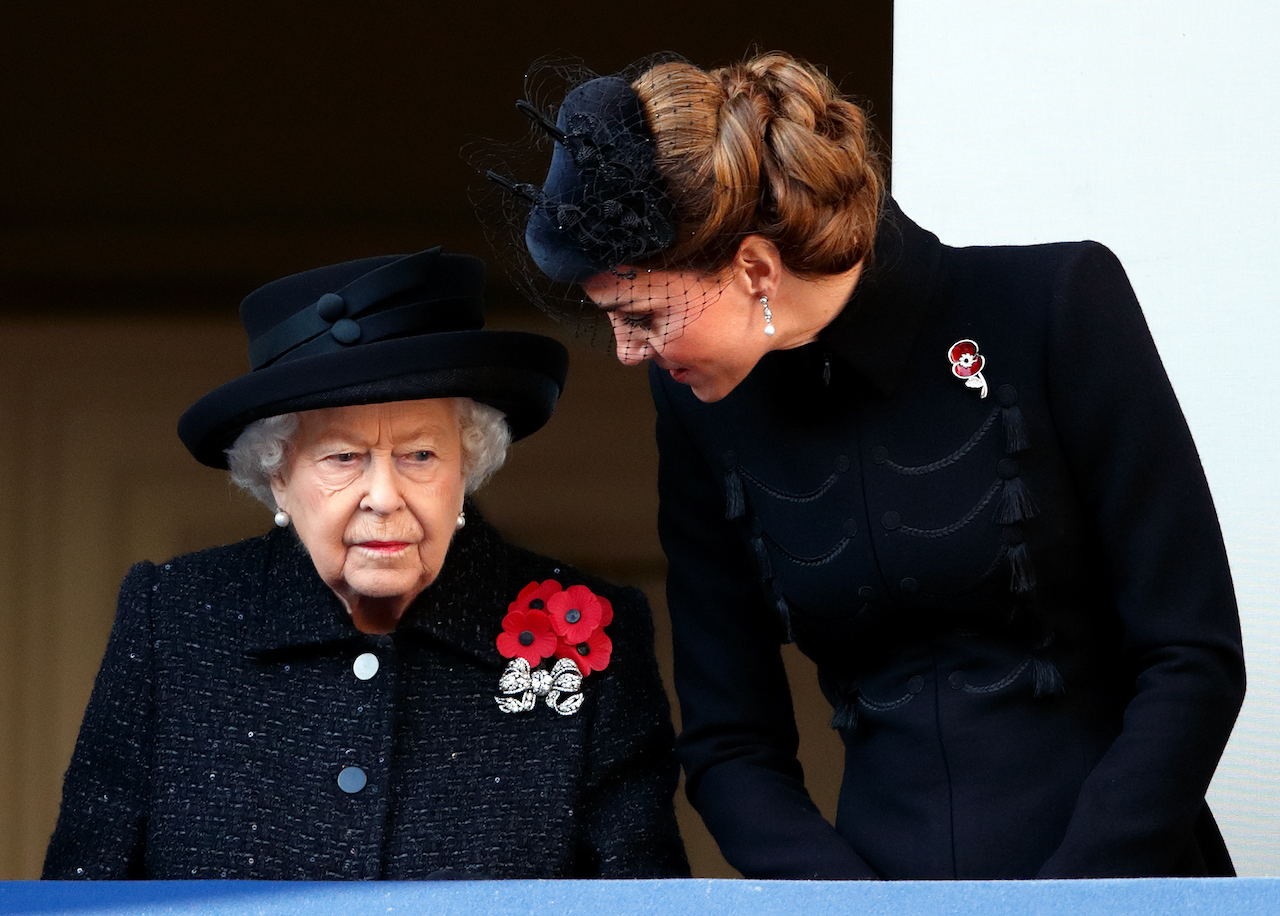 Queen Elizabeth II and Kate Middleton attend the annual Remembrance Sunday service at The Cenotaph on November 10, 2019, in London, England.