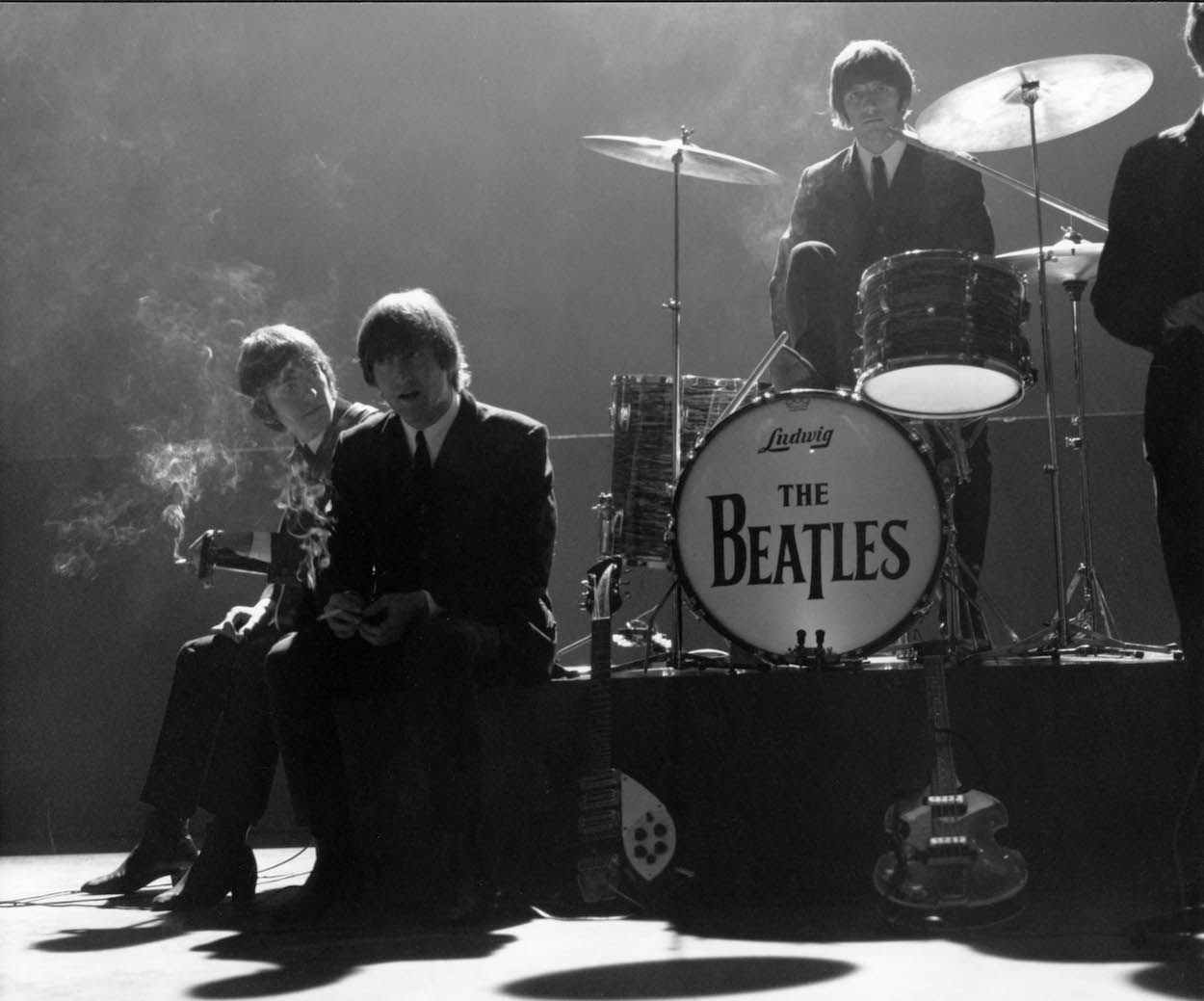 Ringo Starr (right), whose Beatles' fame helped double his favorite drum company's sales, during a 1964 TV performance taping.