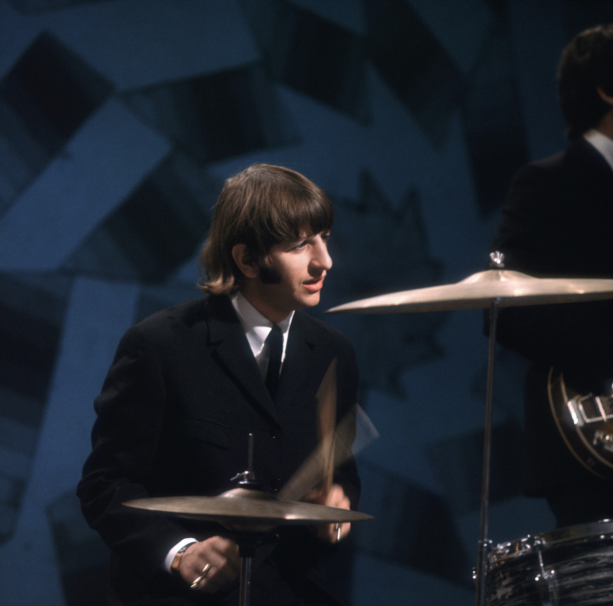 Ringo Starr, who once said he as no good as a drummer (and was later proven wrong), plays with The Beatles on 'Top of the Pops' in 1966.