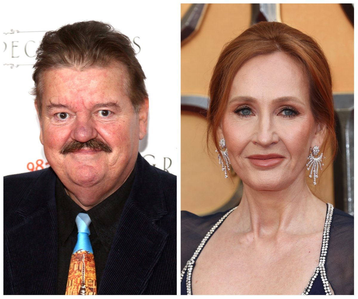 Side by side photos of Robbie Coltrane and J.K. Rowling, who were involved in the "Harry Potter" movies.