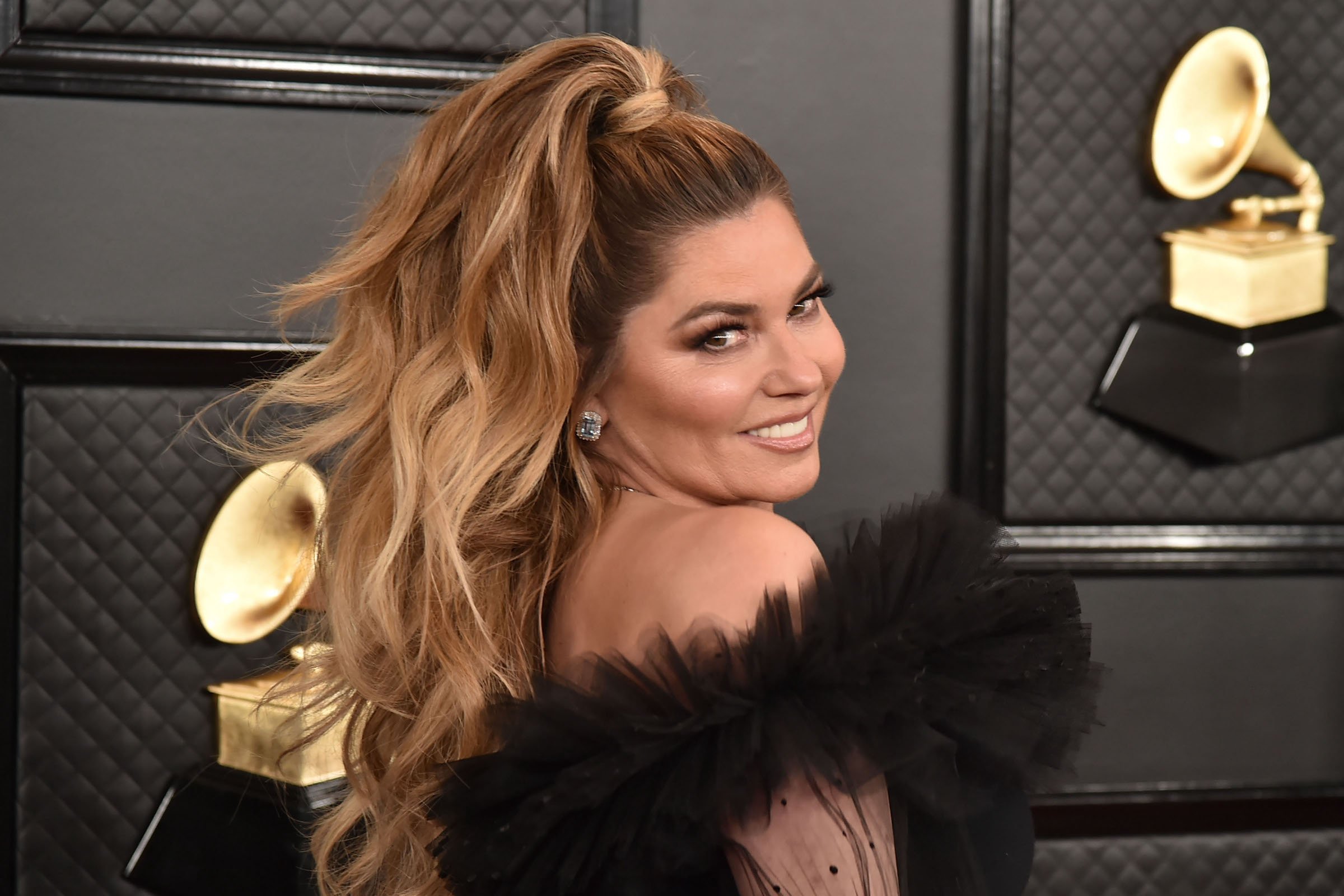 Shania Twain, who used to blowdry her hair with a vacuum cleaner, at the Grammy Awards