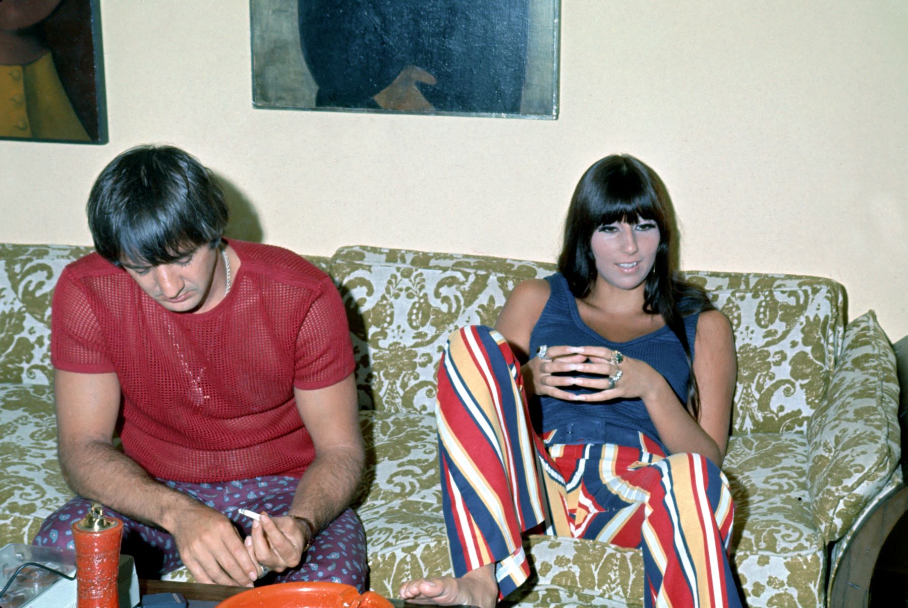 Sonny and Cher posing for a portraitt session in 1968 in their Los Angeles home