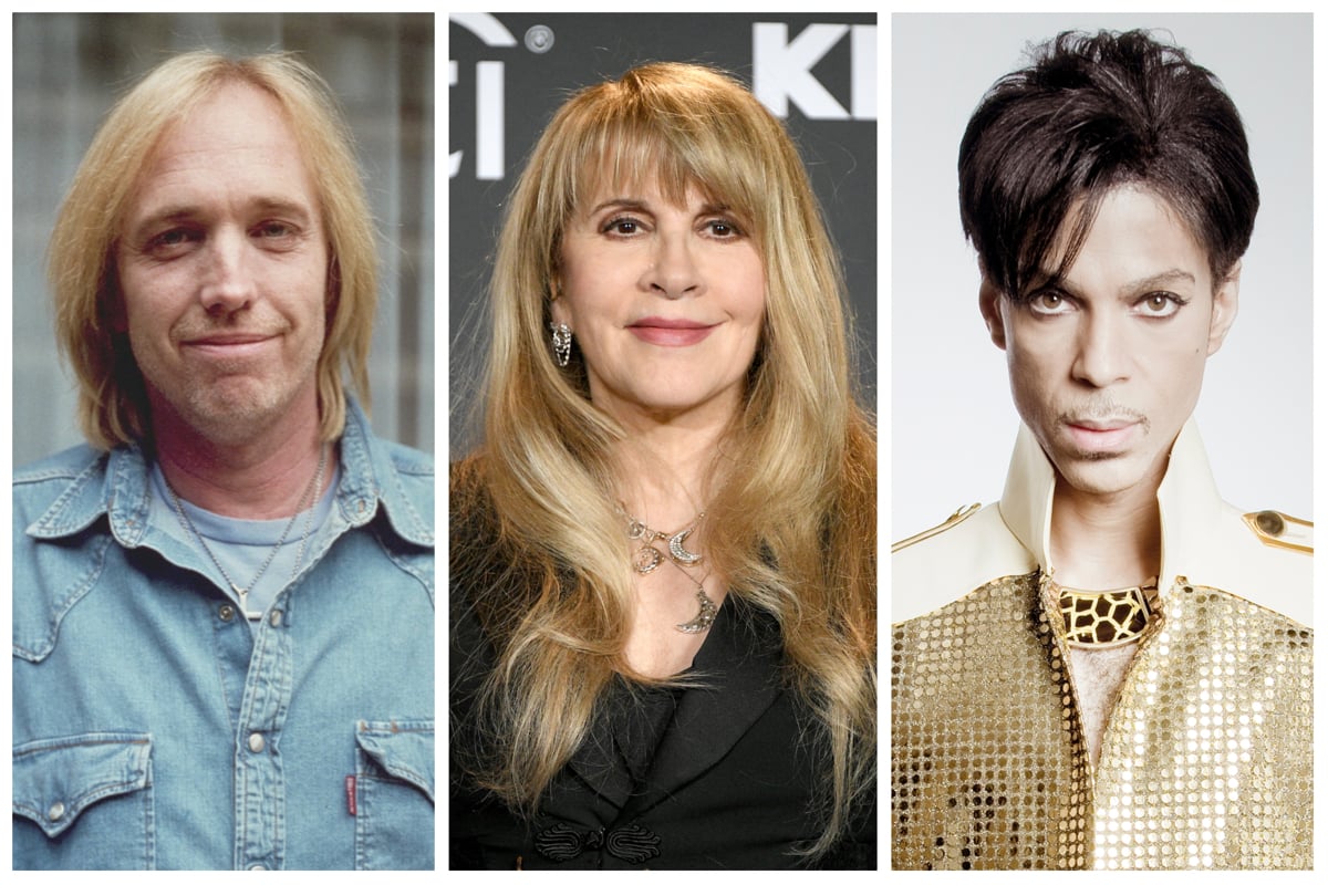Side by side photos of Tom Petty, Stevie Nicks, and Prince.