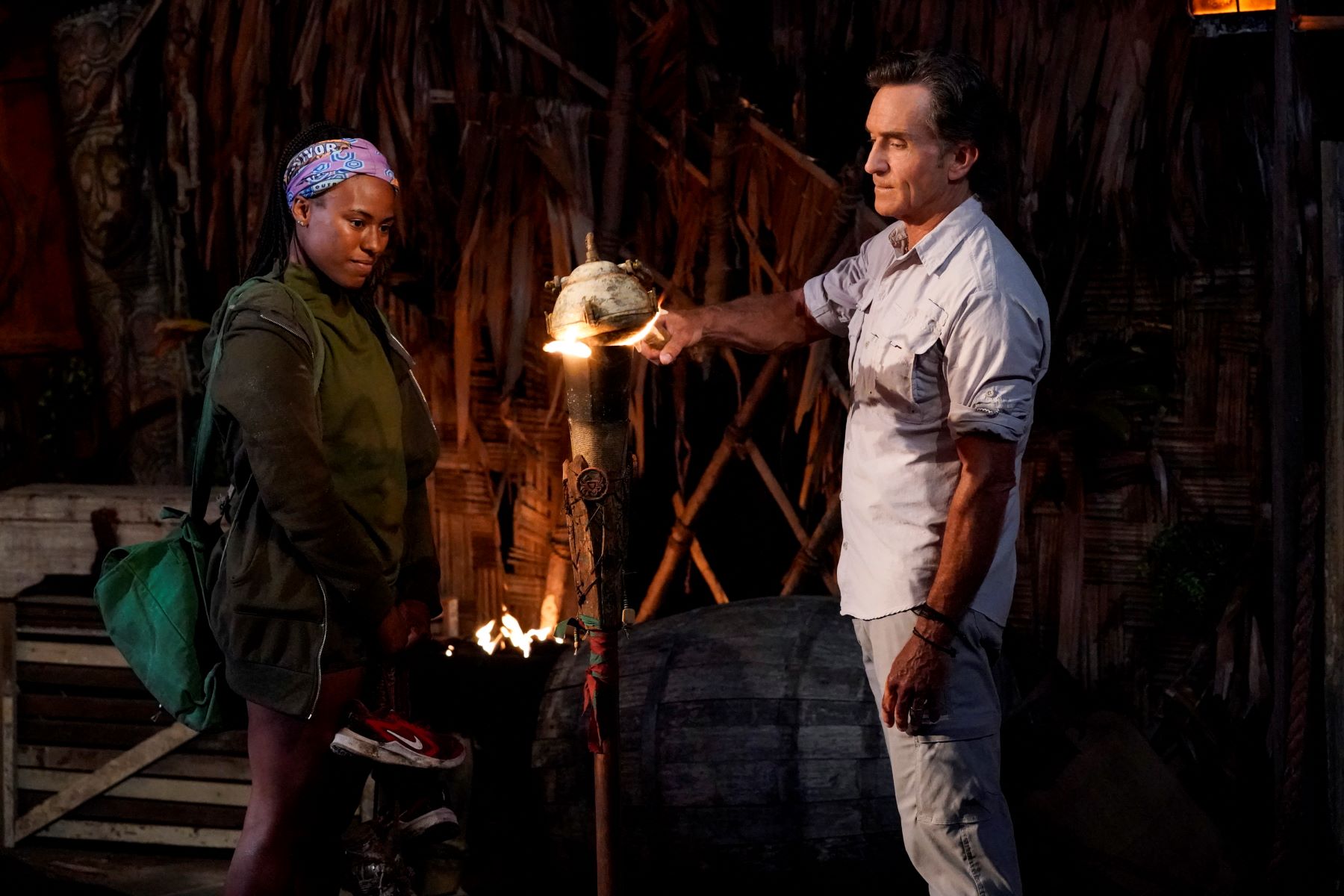 Host Jeff Probst snuffs 'Survivor' Season 42 castaway Chanelle Howell's fire at Tribal Council.