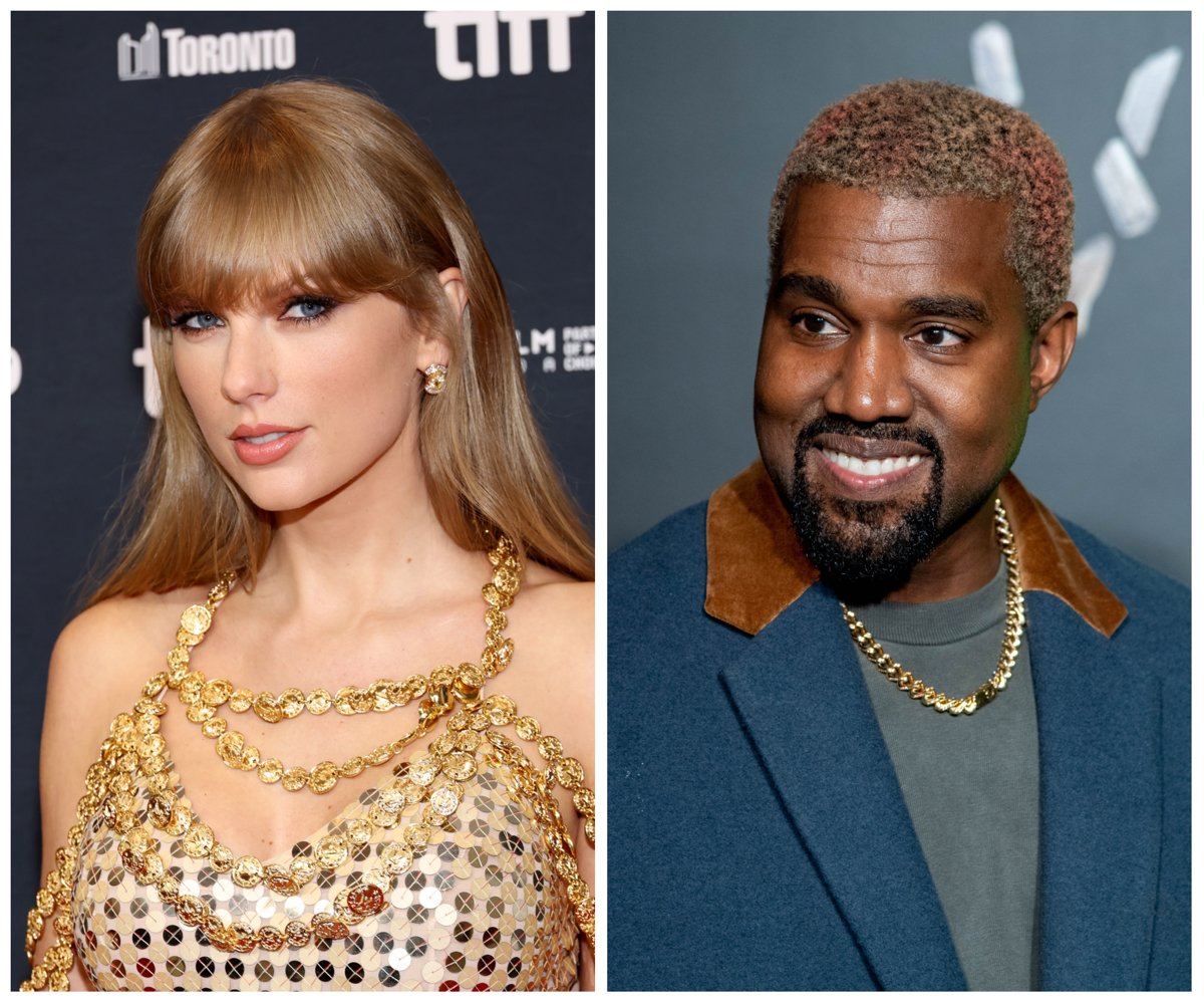 Side by side photos of Taylor Swift and Kanye West, who are in a feud. West once defended Swift against his former manager, Scooter Braun.