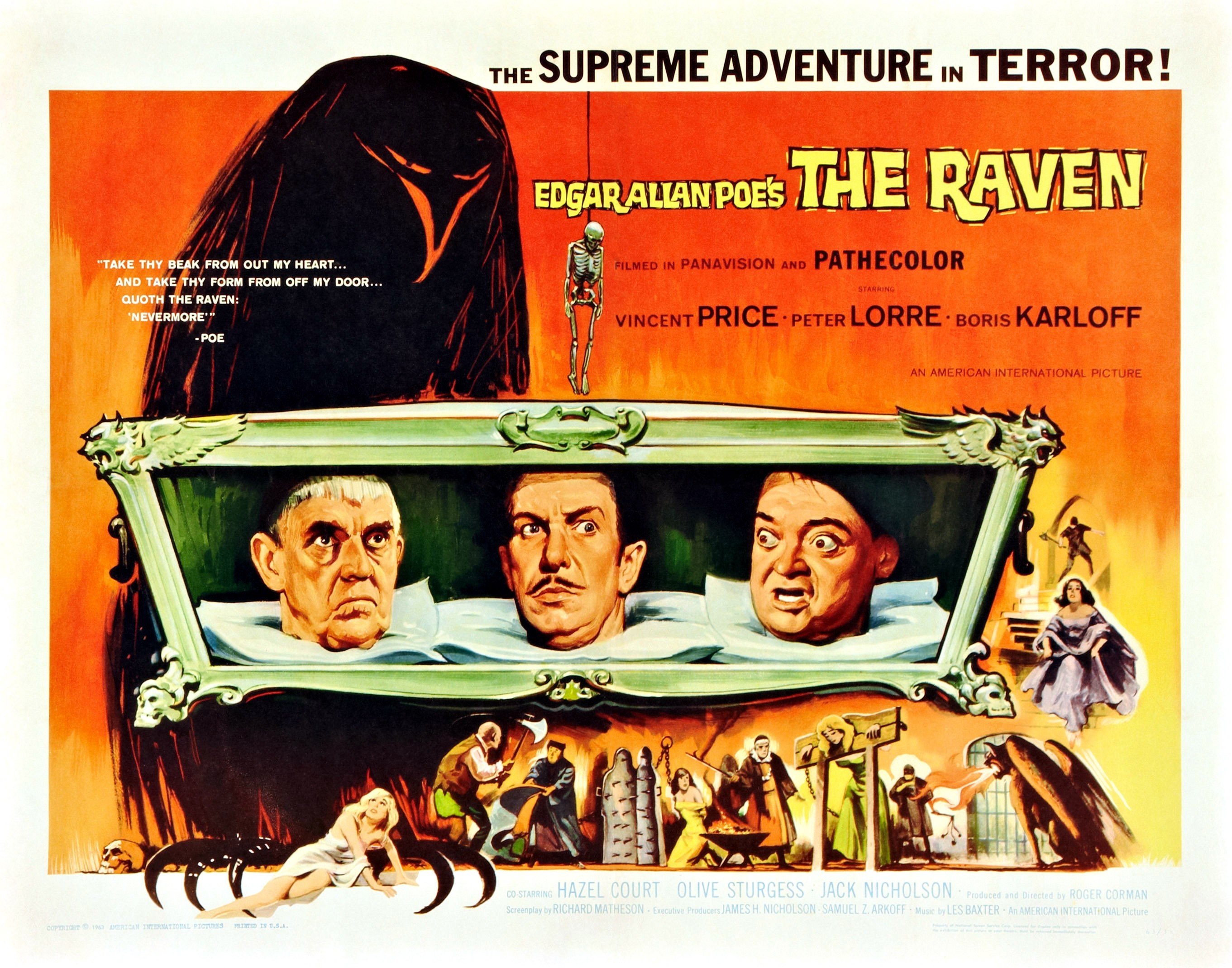 Lobby card for the 1963 movie 'The Raven' with Vincent Price, Boris Karloff, and Peter Lorre