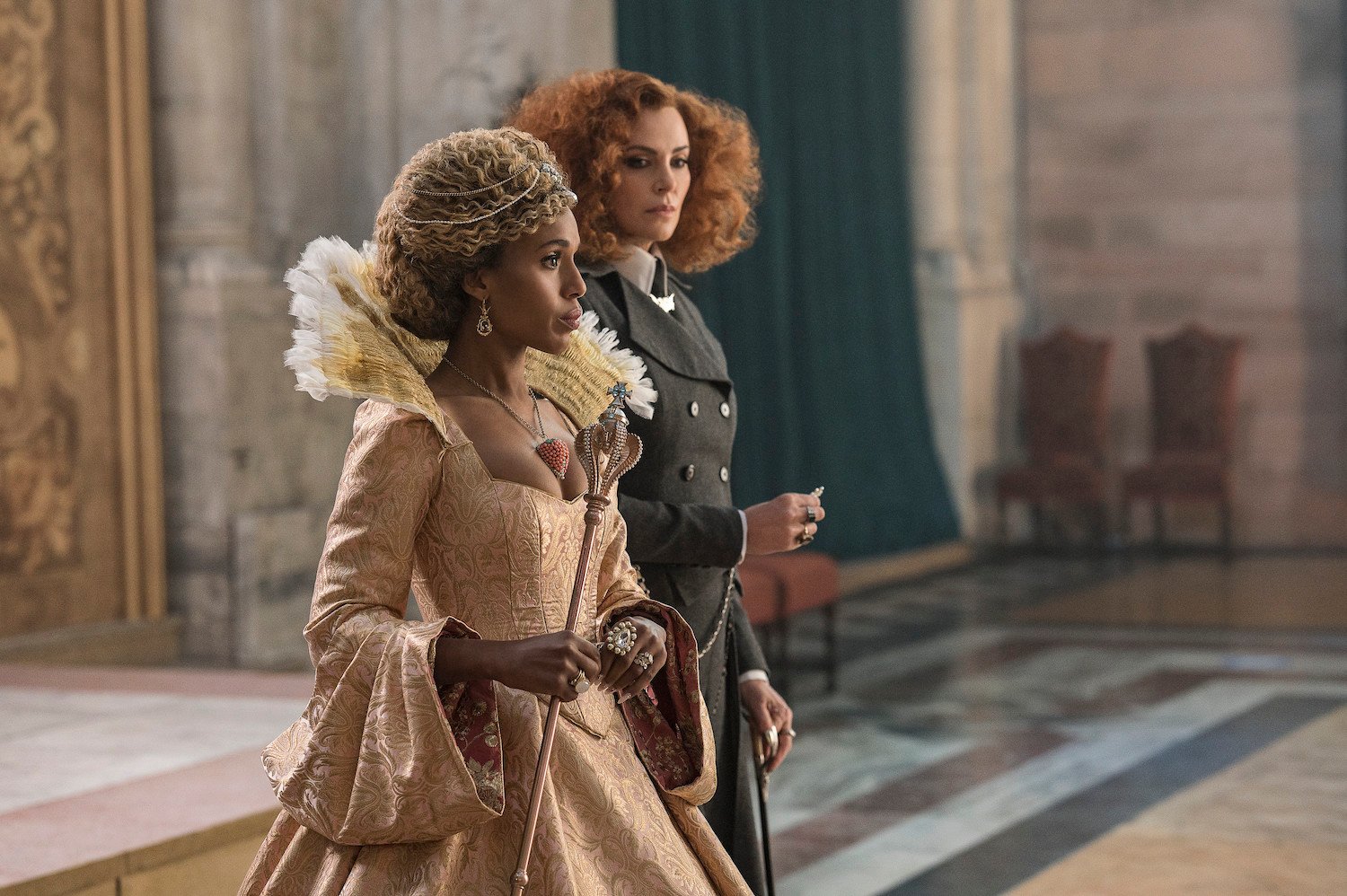 Kerry Washington and Charlize Theron, seen here standing next to one another in a production still, star in 'The School for Good and Evil' which is based on a book series.
