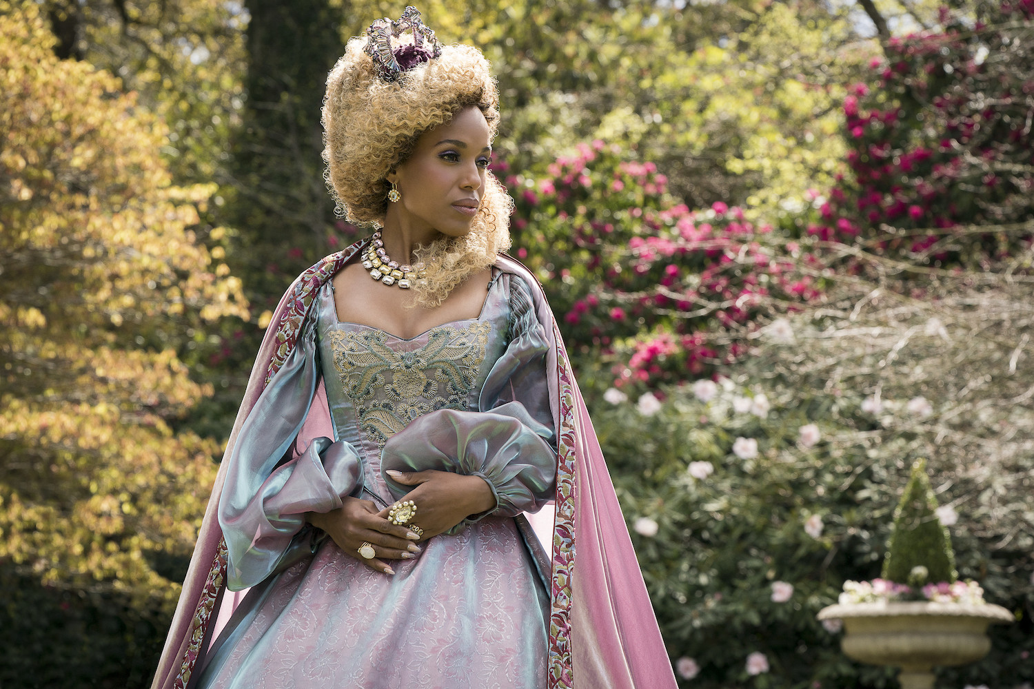 Kerry Washington wearing a blue and pink gown in a production still for 'The School for Good and Evil'