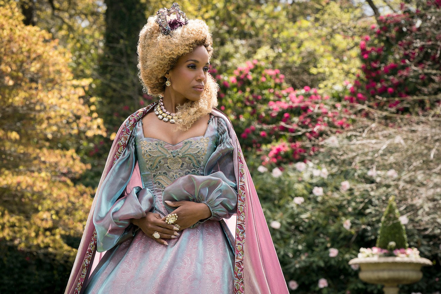 Kerry Washington wearing a blue and pink gown in a production still for 'The School for Good and Evil'