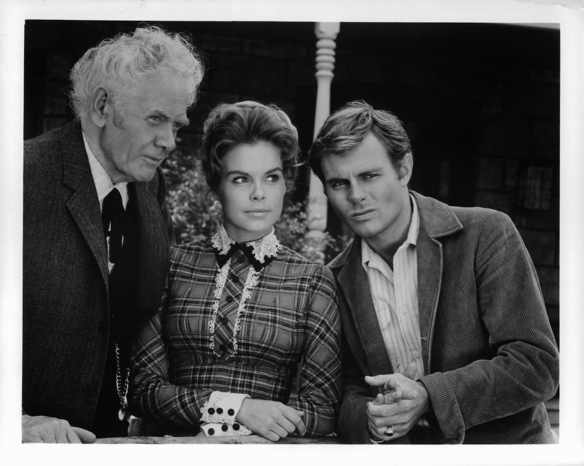 black and white image of Charles Bickford, Sara Lane, and Don Quine from 'The Virginian'
