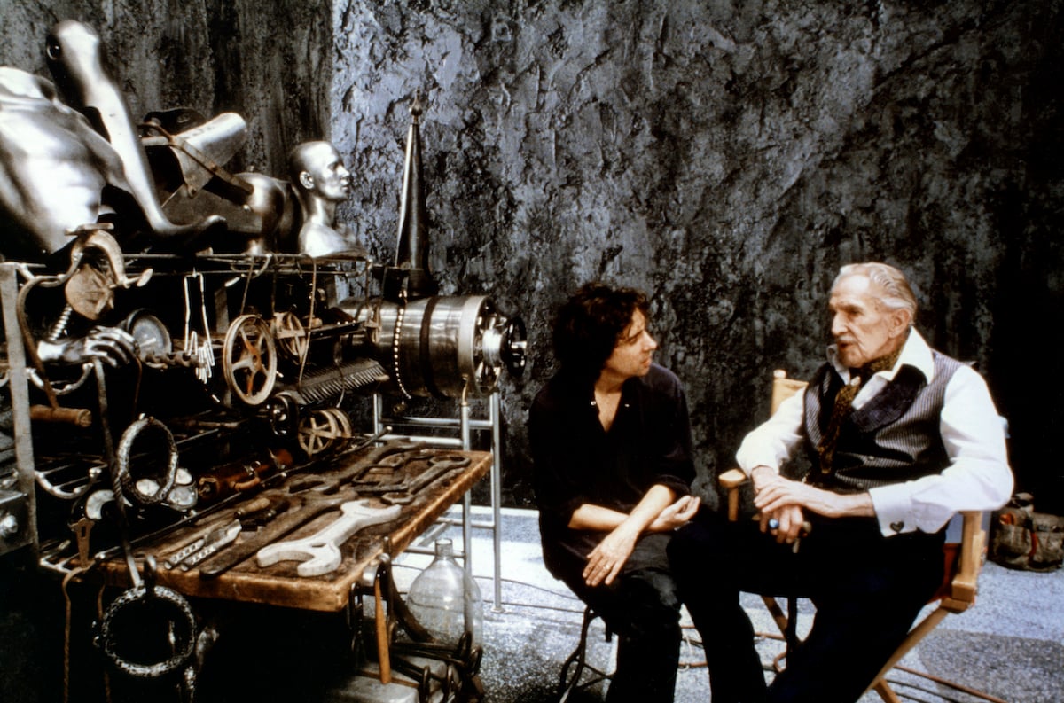 Tim Burton and Vincent Price talking on the set of 'Edward Scissorhands'