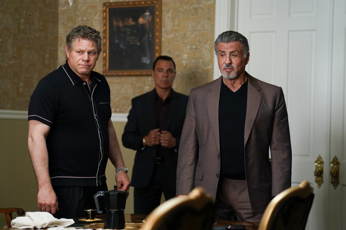 Domenick Lombardozzi as Charles “Chickie” Invernizzi and Sylvester Stallone as Dwight Manfredi of the Paramount+ original series TULSA KING