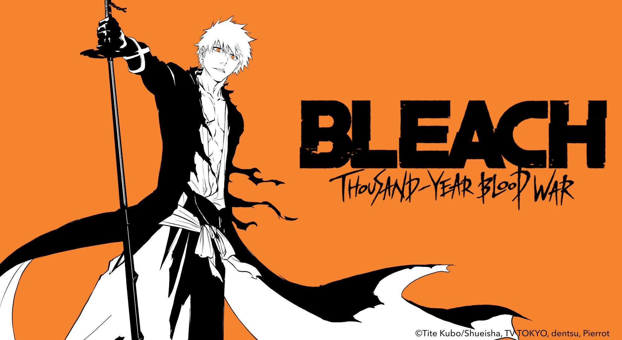 Key art for 'Bleach: Thousand-Year Blood War' for our article about where it is streaming. It features Ichigo Kurosaki wielding his sword and the logo for the anime's final arc against an orange background.