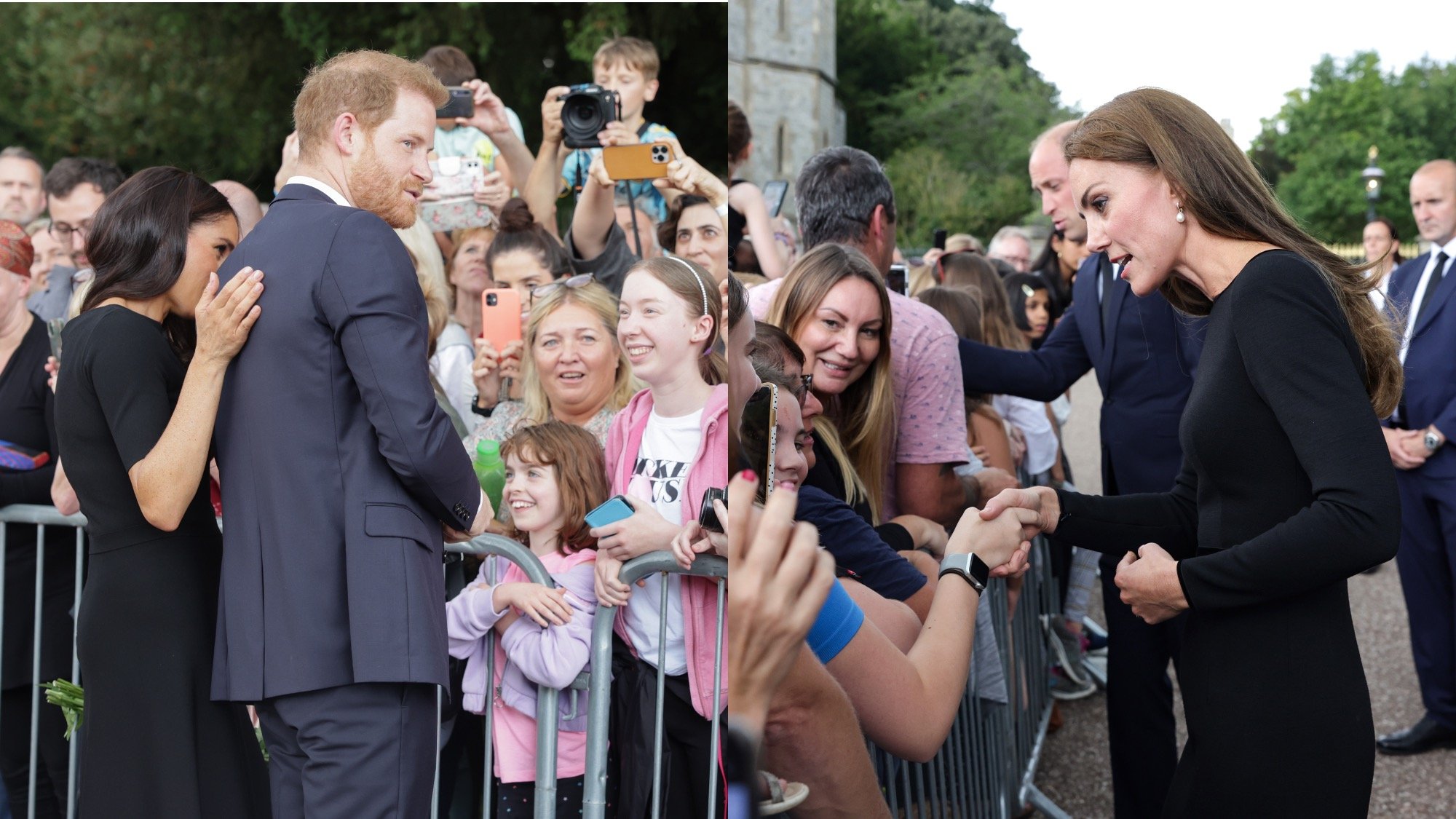 A body language expert pointed out how Prince Harry and Meghan Markle (L) manage crowds differently than Prince William and Kate Middleton (R). 