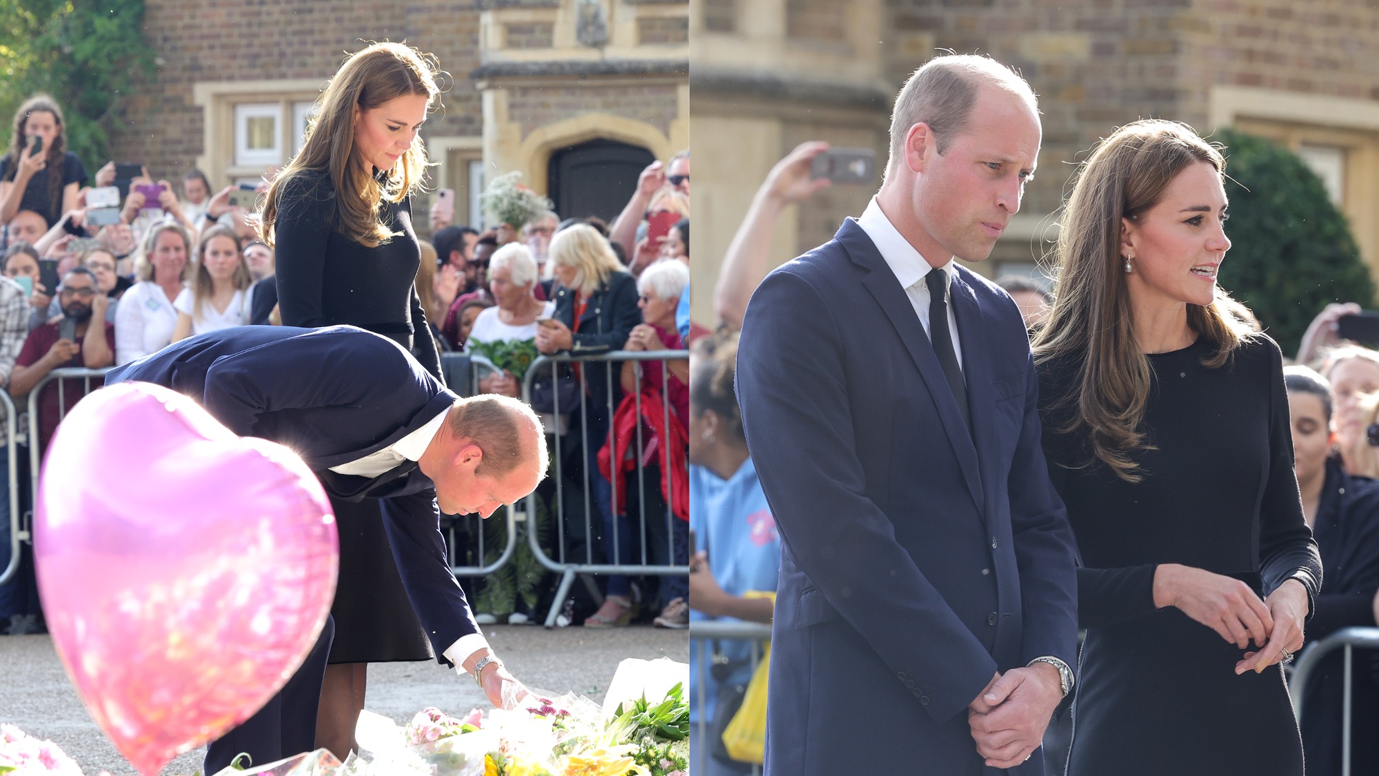 (L) Prince William bends down to look at a tribute to Queen Elizabeth II while Kate Middleton looks on. (R) Prince William and Kate Middleton stand side-by-side while taking in tributes to the queen.