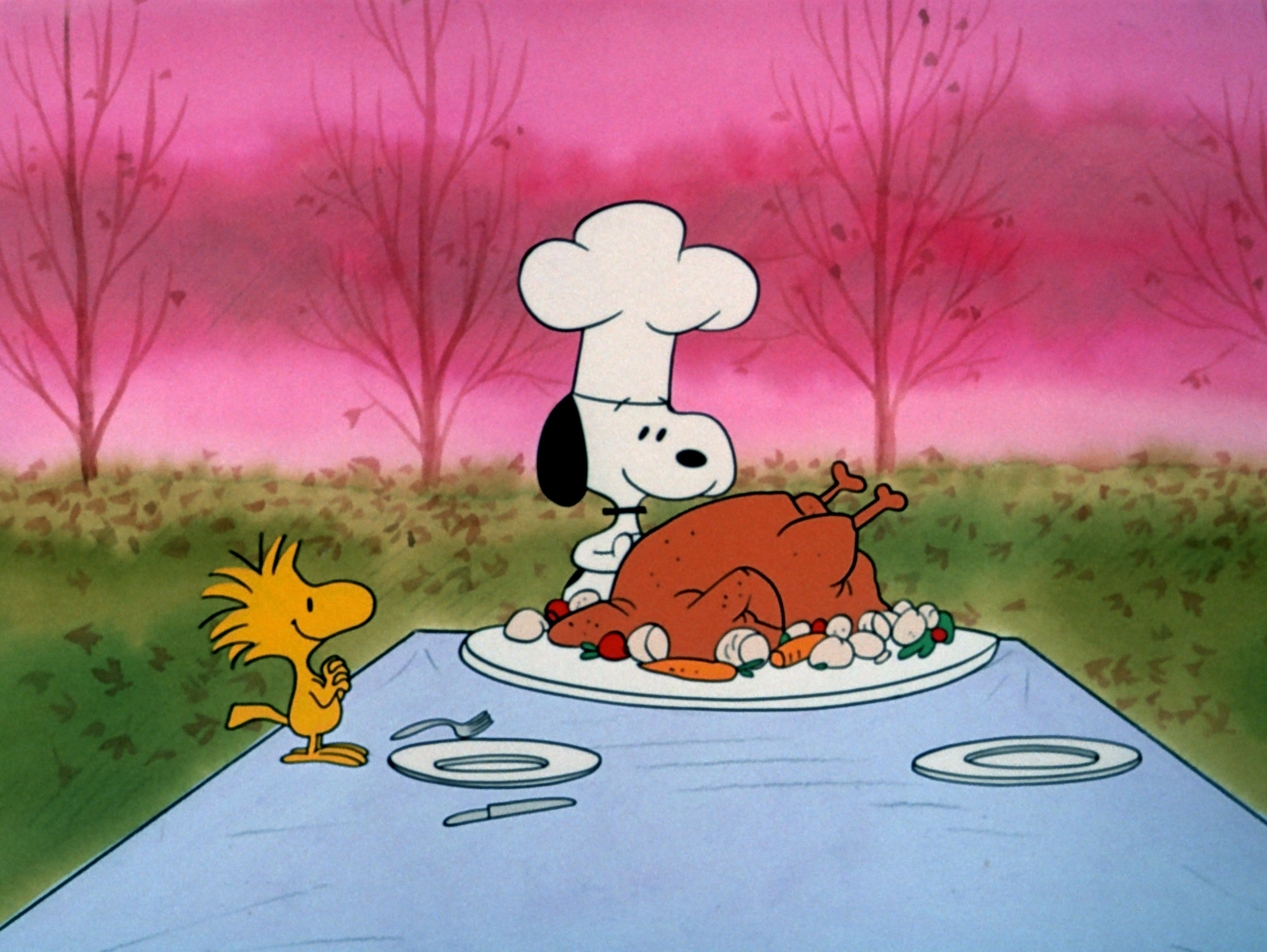 Woodstock looking at Snoopy carving a turkey in 'A Charlie Brown Thanksgiving'