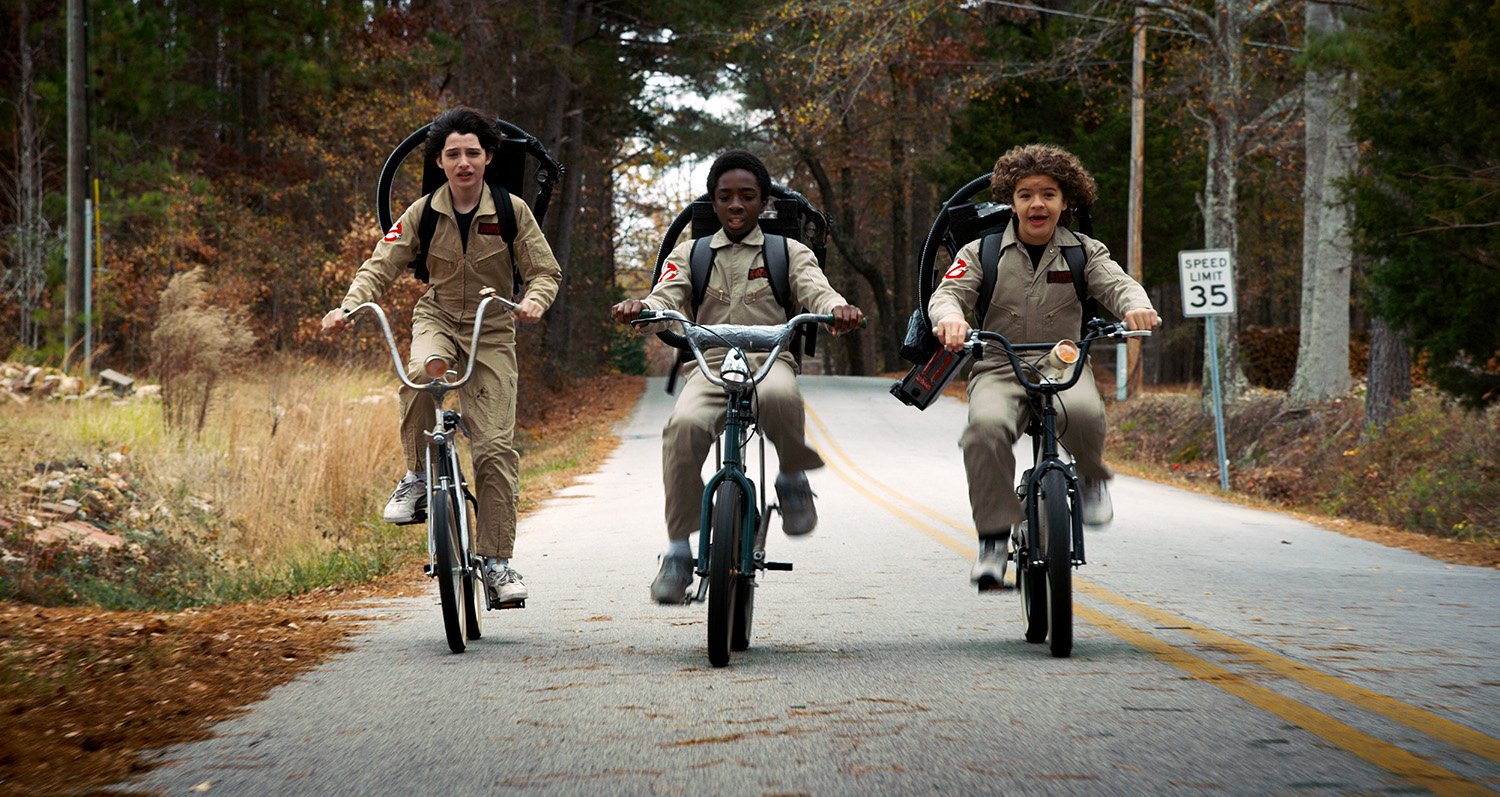 Finn Wolfhard as Mike, Caleb McLaughlin as Lucas, and Gaten Matarazzo as Dustin in the Stranger Things Halloween episode on Netflix