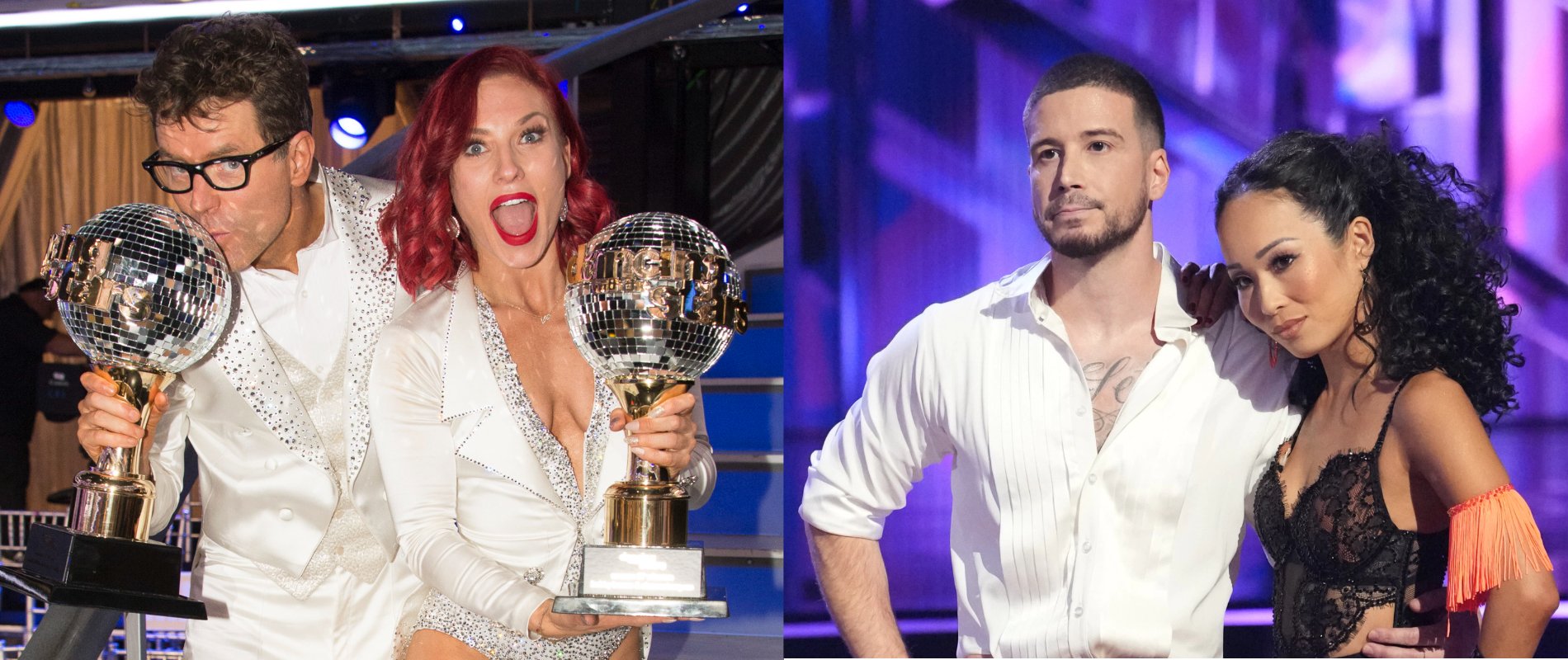 'DWTS' performers Bobby Bones, Sharna Burgess, Vinny Guadagnino, and Koko Iwasaki in side-by-side ballroom photographs.