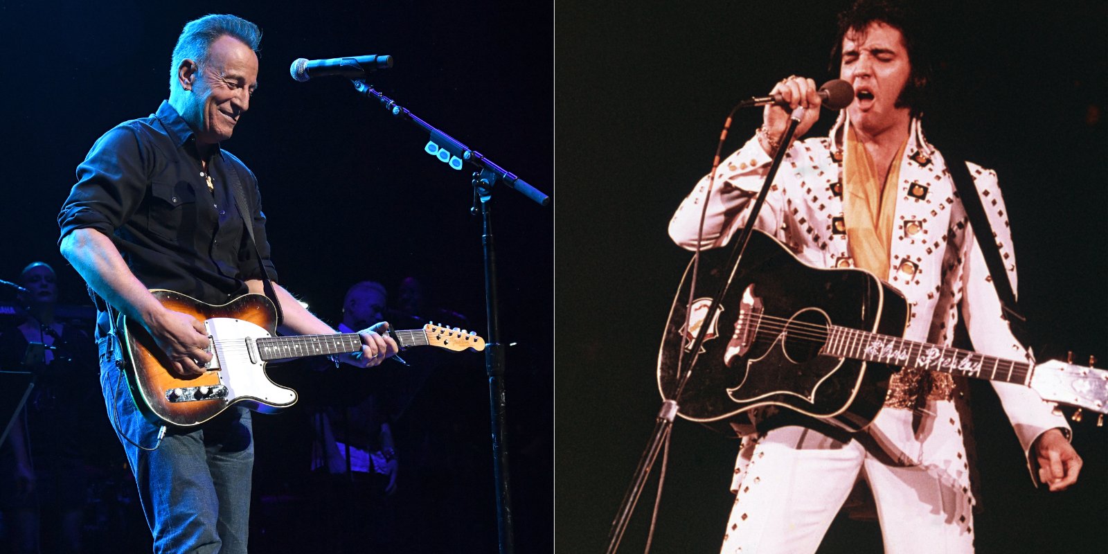 Bruce Springsteen and Elvis Presley in a set of side by side photographs.