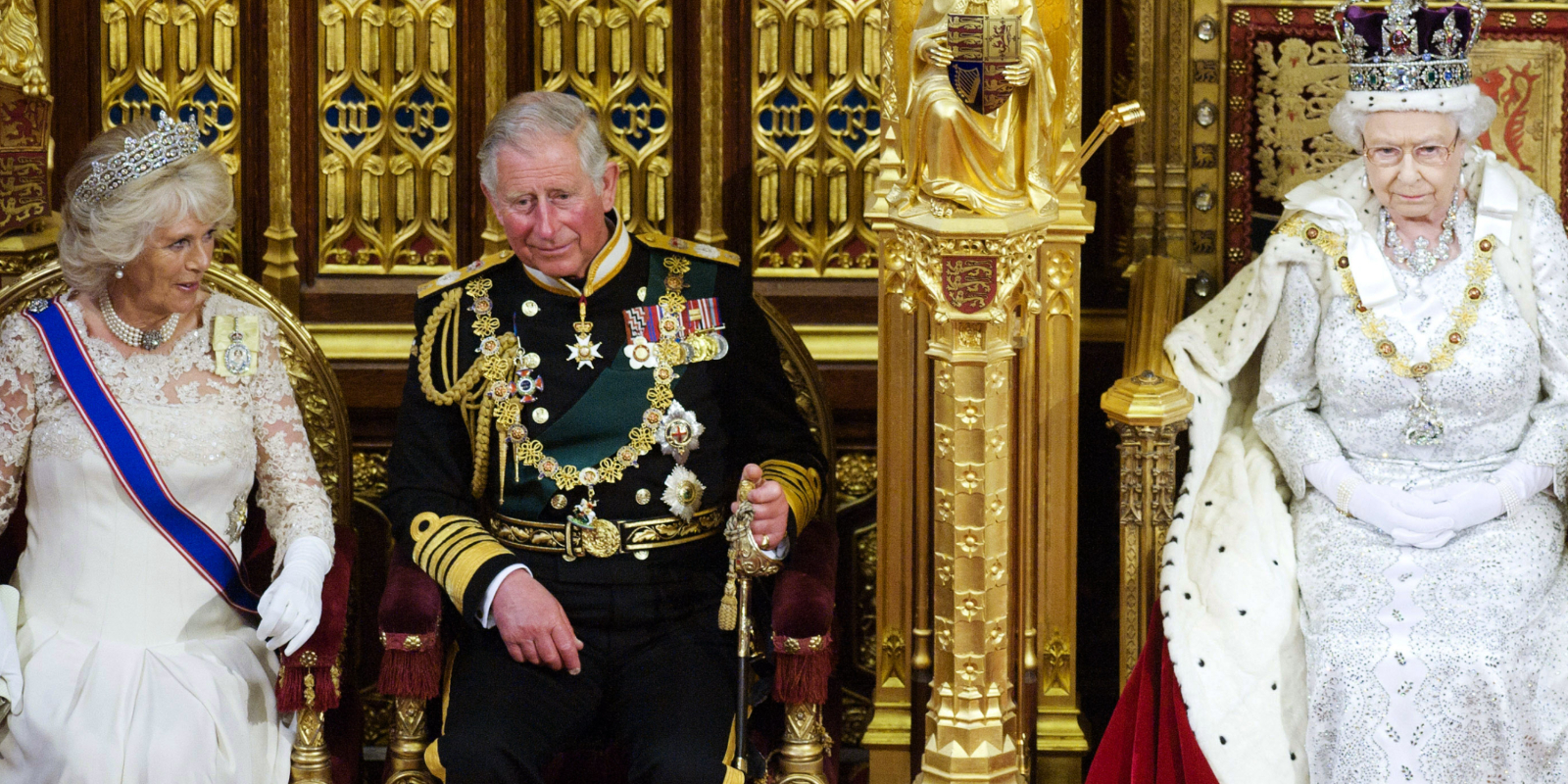 Camilla Parker Bowles, King Charles III and Queen Elizabeth II at the State Opening of Parliament in the House of Lords on May 8, 2013 in London, England.