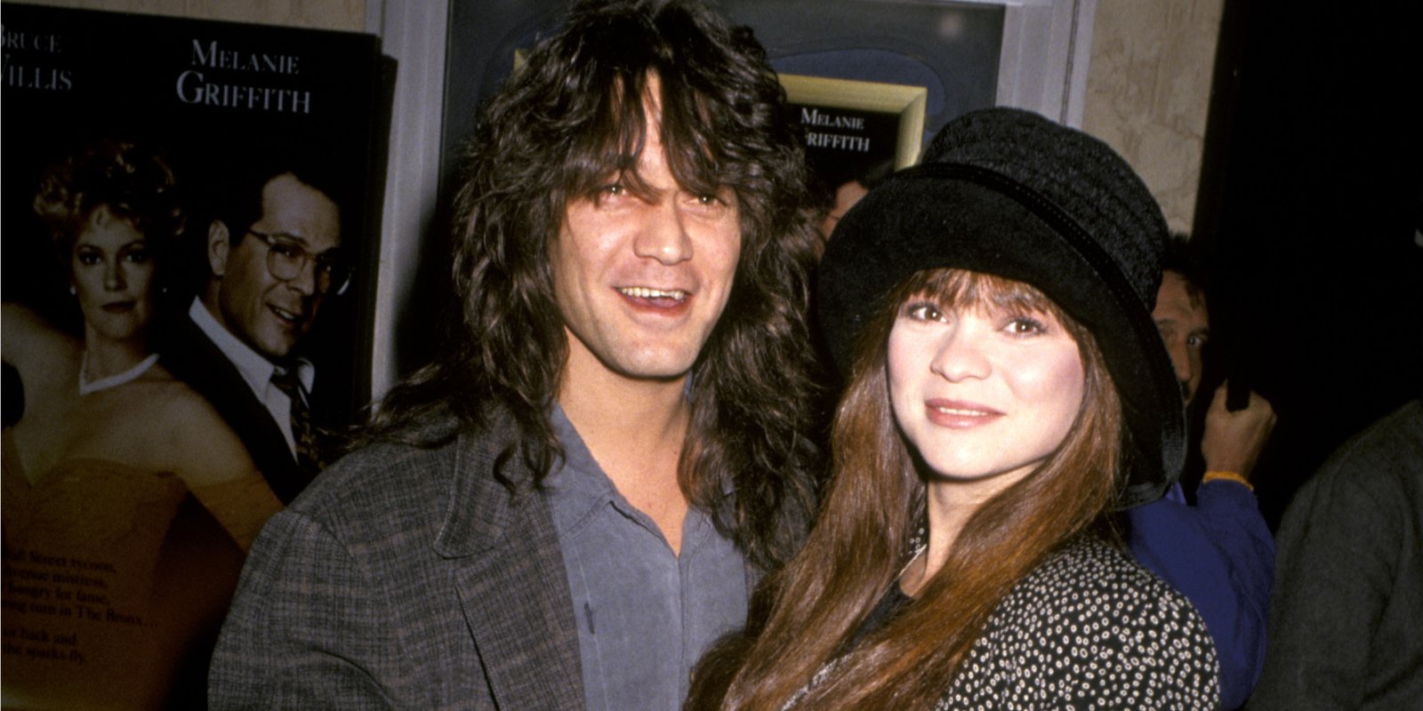 Eddie Van Halen and Valerie Bertinelli pose together at a red carpet event in 1990.