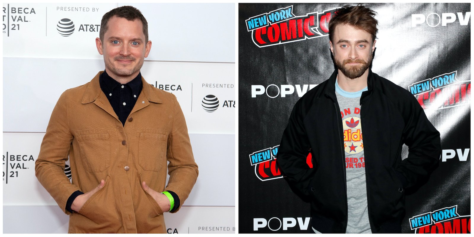 Elijah Wood poses at Tribeca Film Fest 2021; Daniel Radcliffe at New York Comic Con 2022