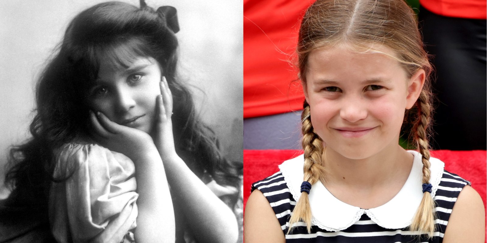 Side by side photographs of Elizabeth the Queen Mother and Princess Charlotte for comparison.