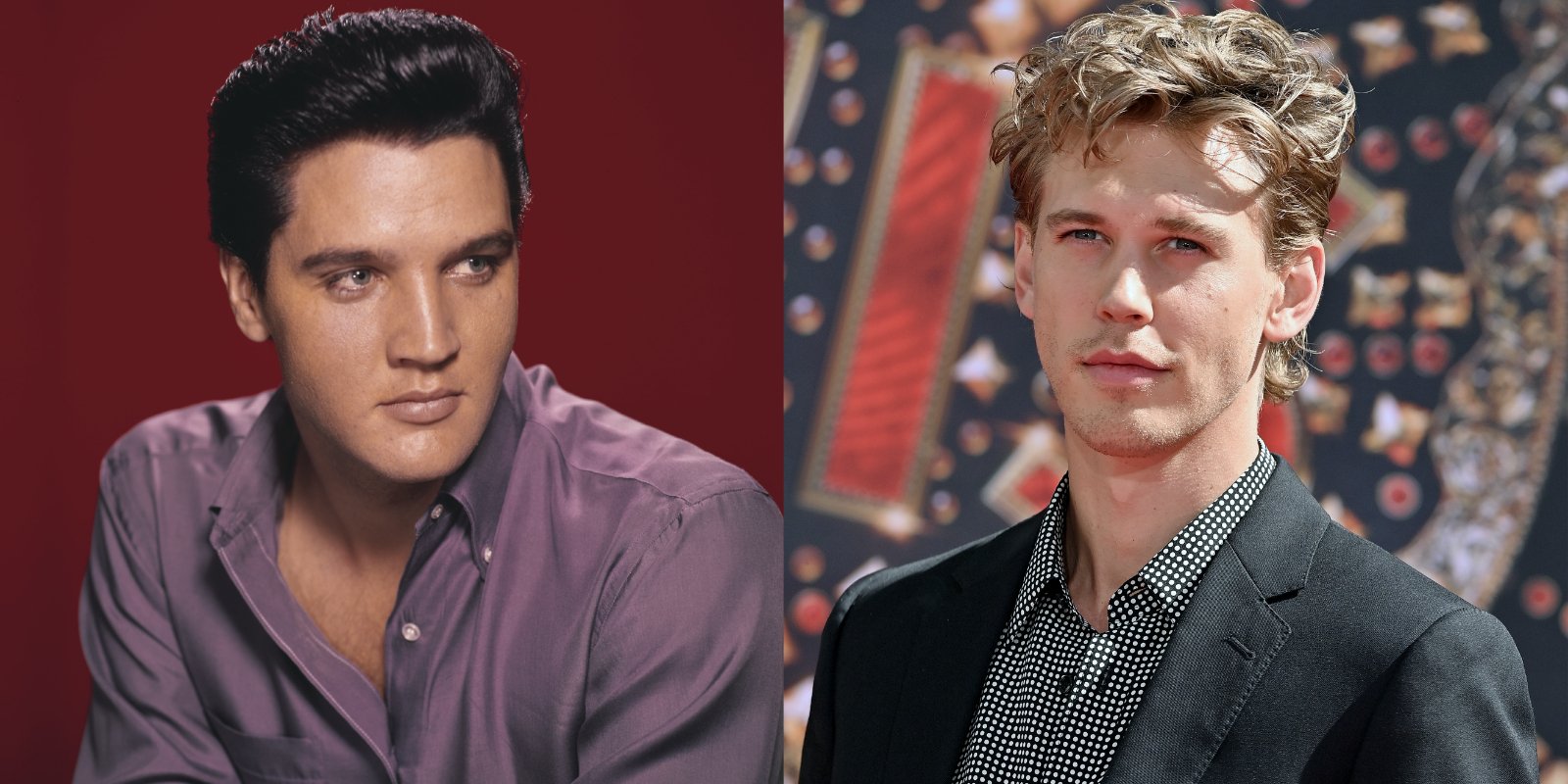 Elvis Presley and Austin Butler in side by side photographs.