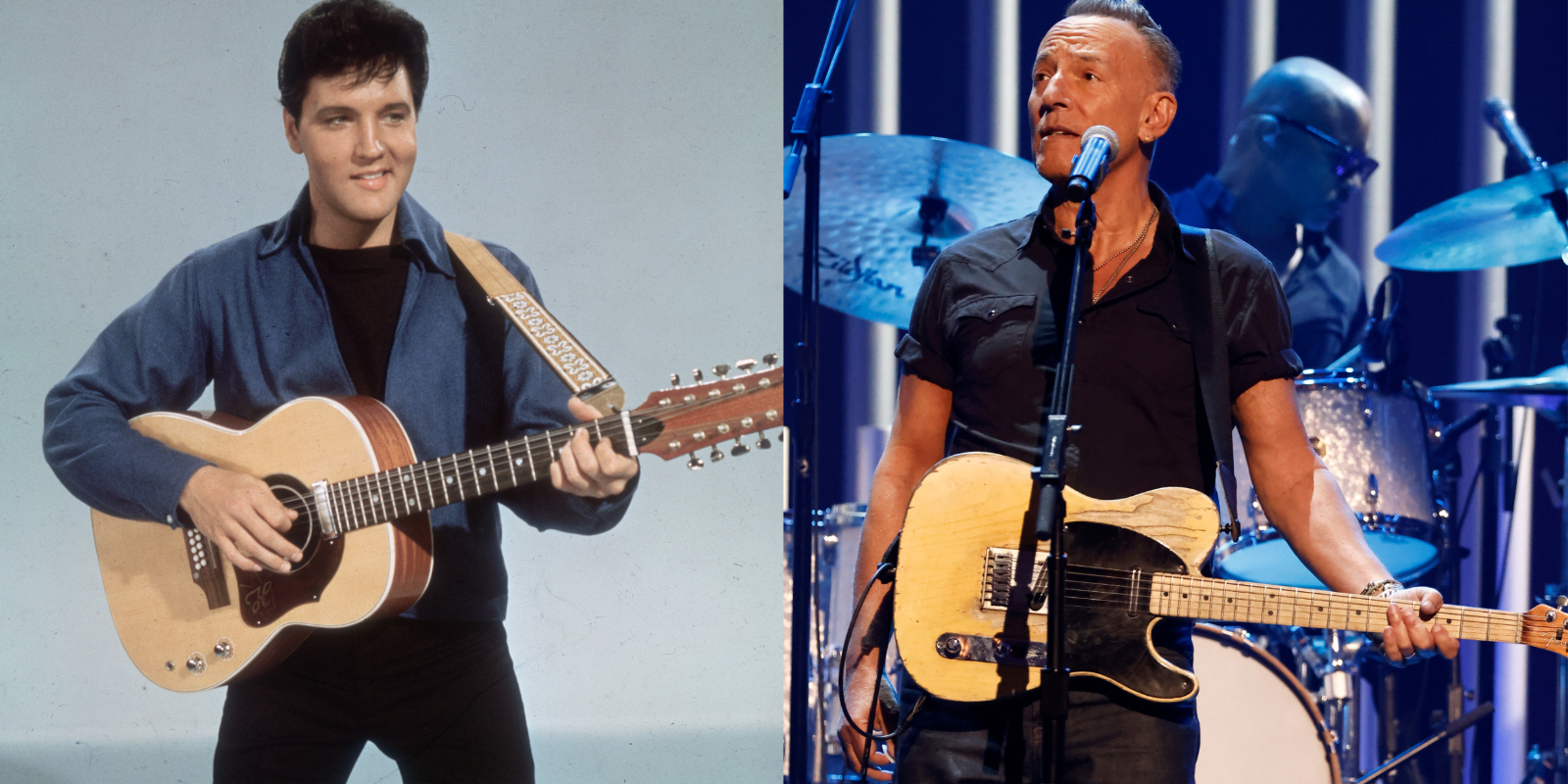 Elvis Presley and Bruce Springsteen hold guitars in side by side photographs.