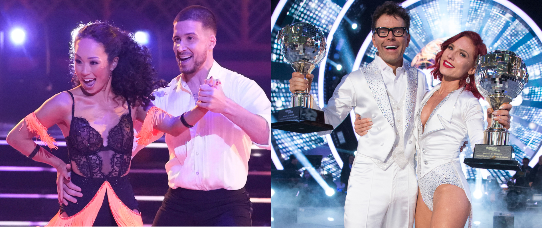 'Dancing with the Stars' performers Koko Iwasaki, Vinny Guadagnino, Bobby Bones,a nd Sharna Burgess in side by side photographs.