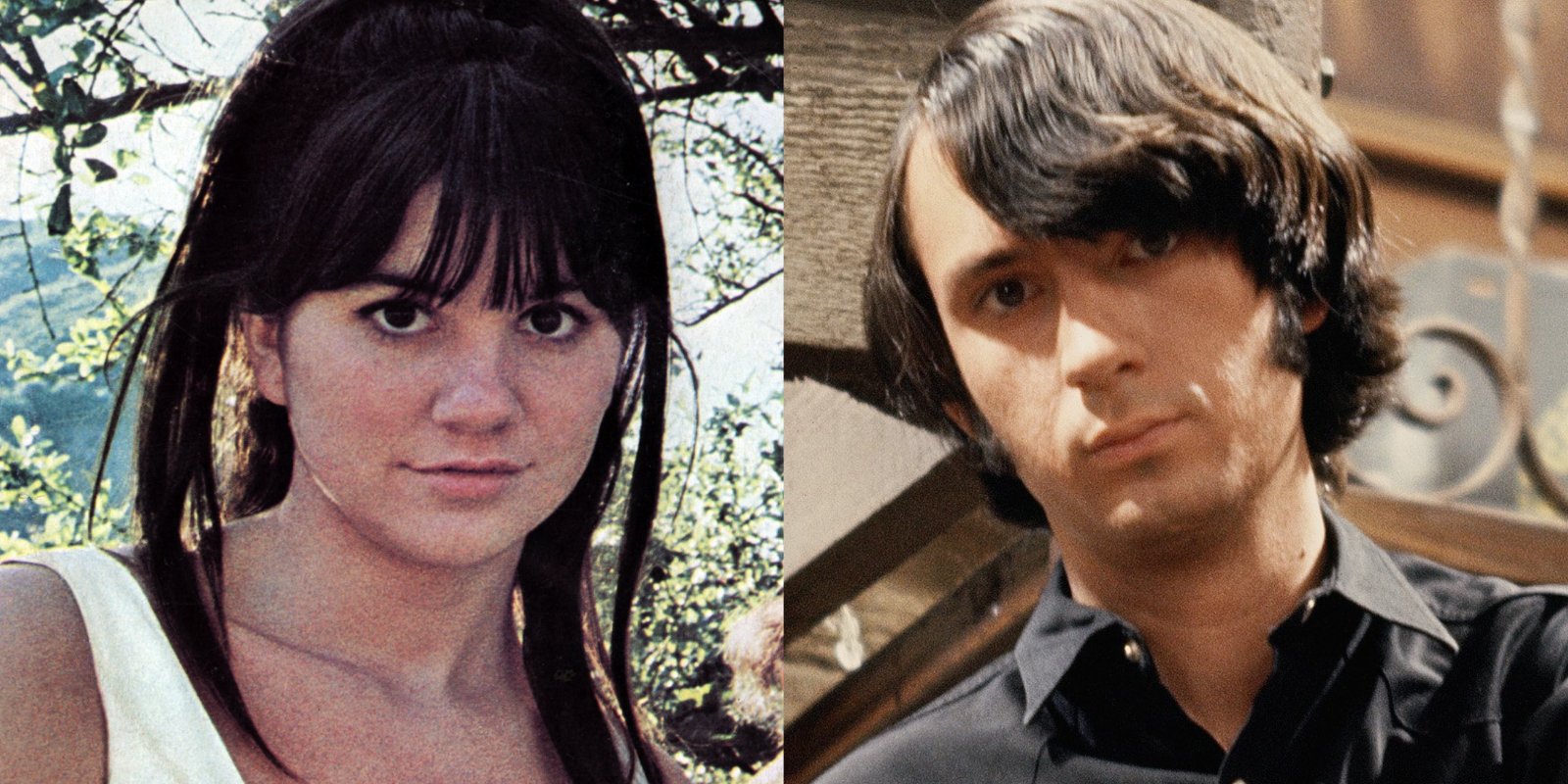 Linda Ronstadt and Mike Nesmith in side by side photographs.