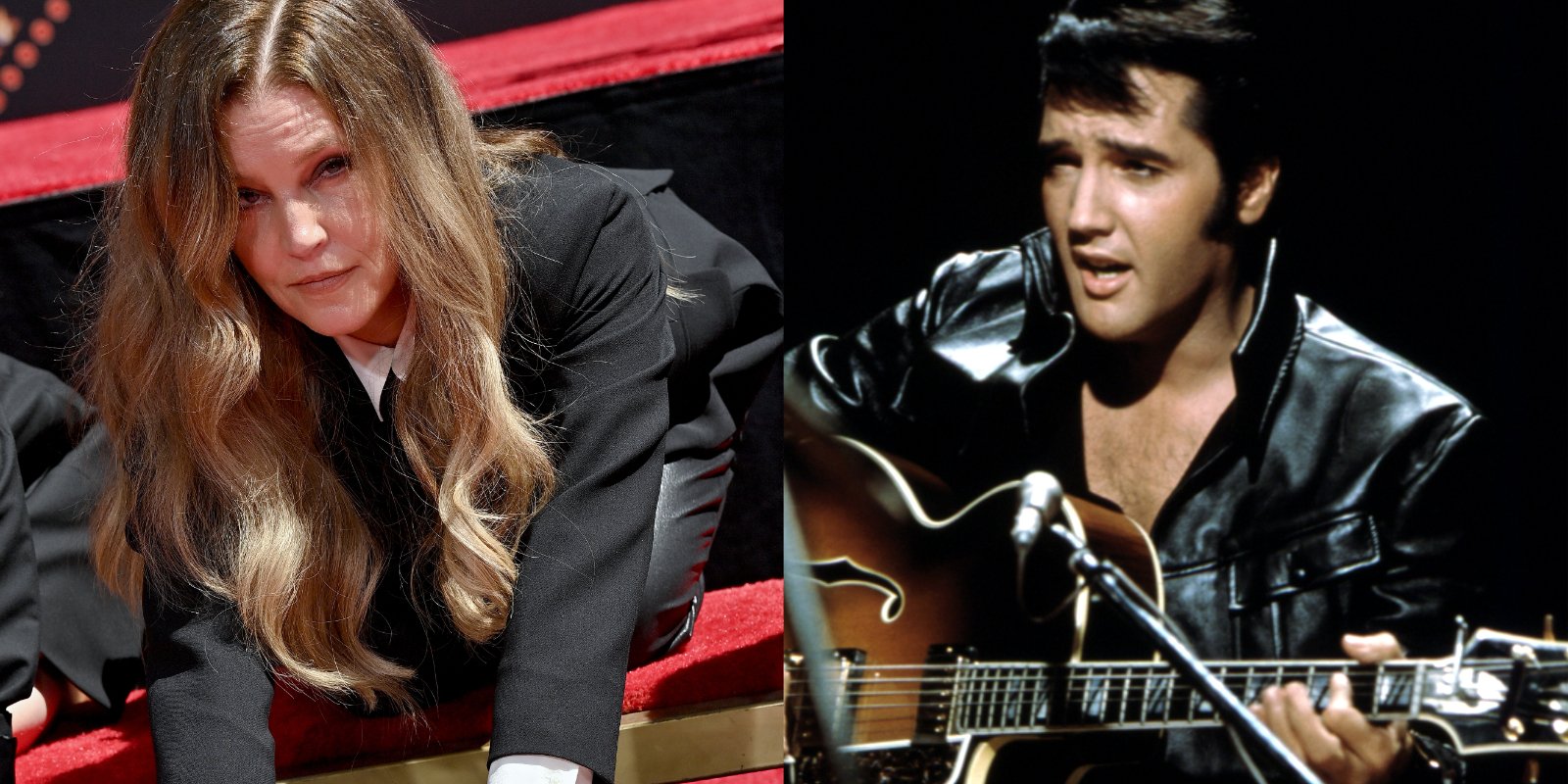 Lisa Marie Presley and Elvis Presley in a set of side by side photographs.